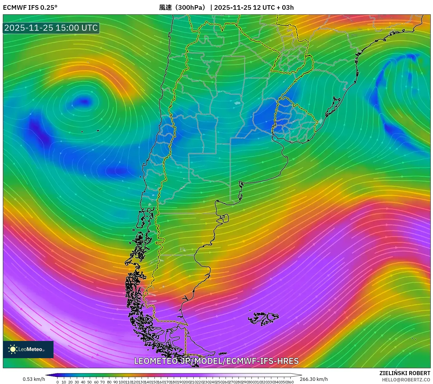 ECMWF IFS 0.25° model - アルゼンチン, 風速（300hPa）