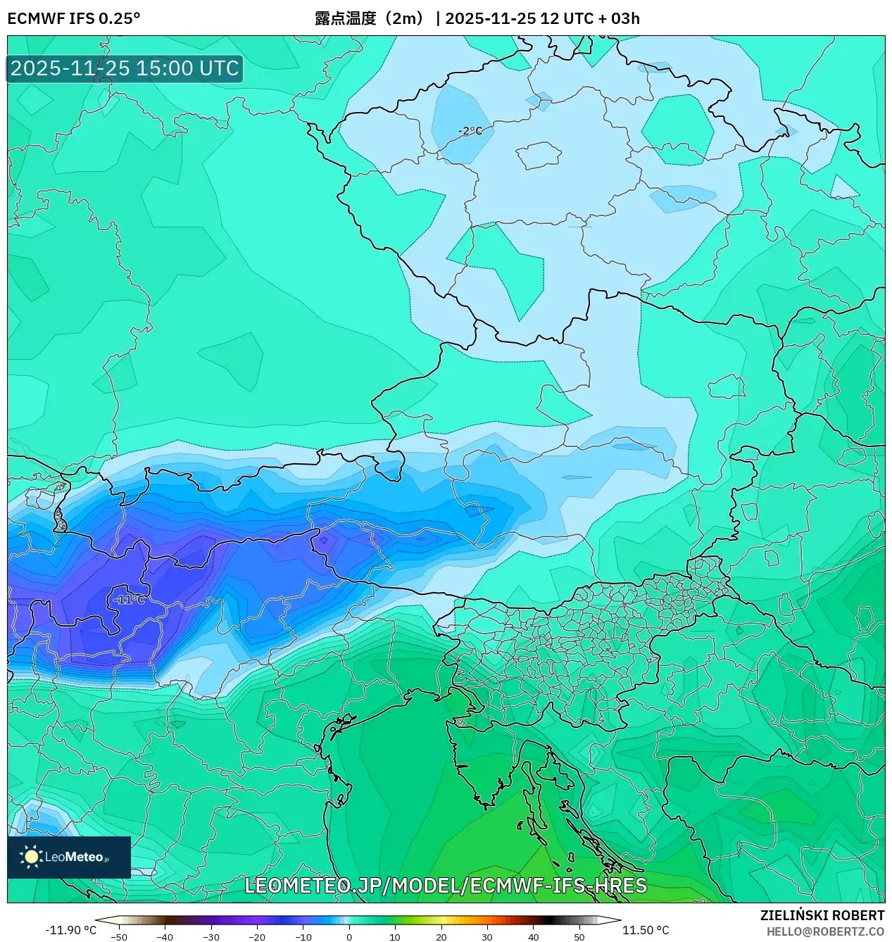 ECMWF IFS 0.25° model - オーストリア, 露点温度（2m）