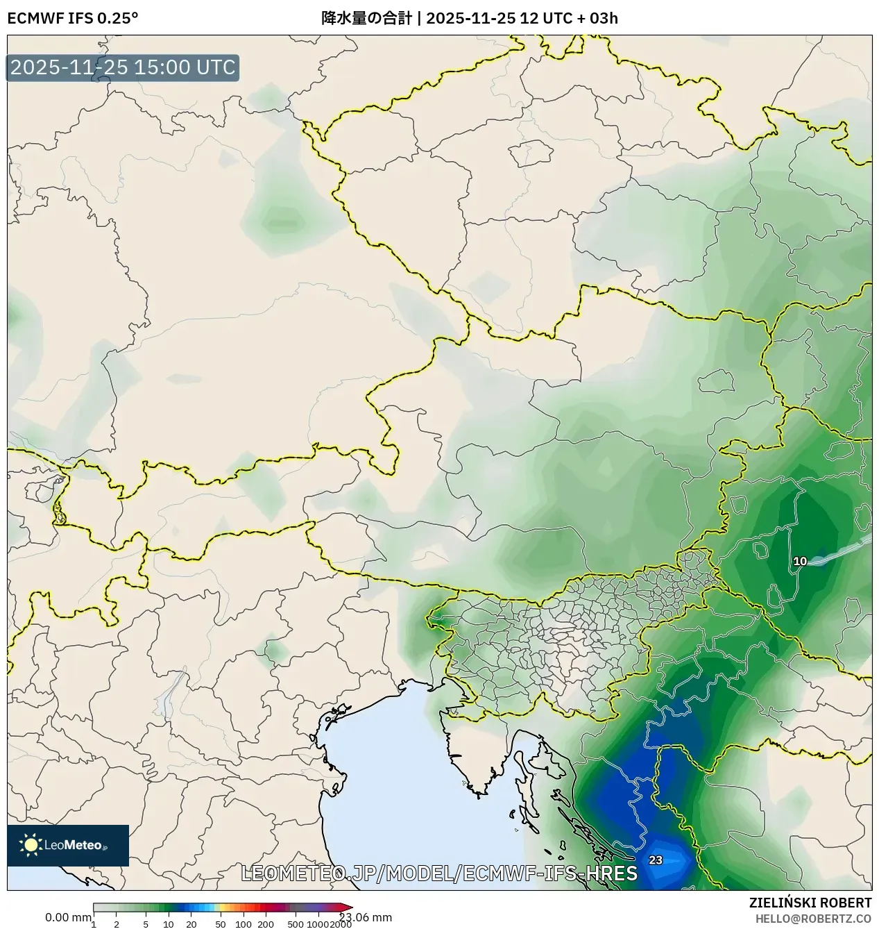 ECMWF IFS 0.25° model - オーストリア, 降水量の合計