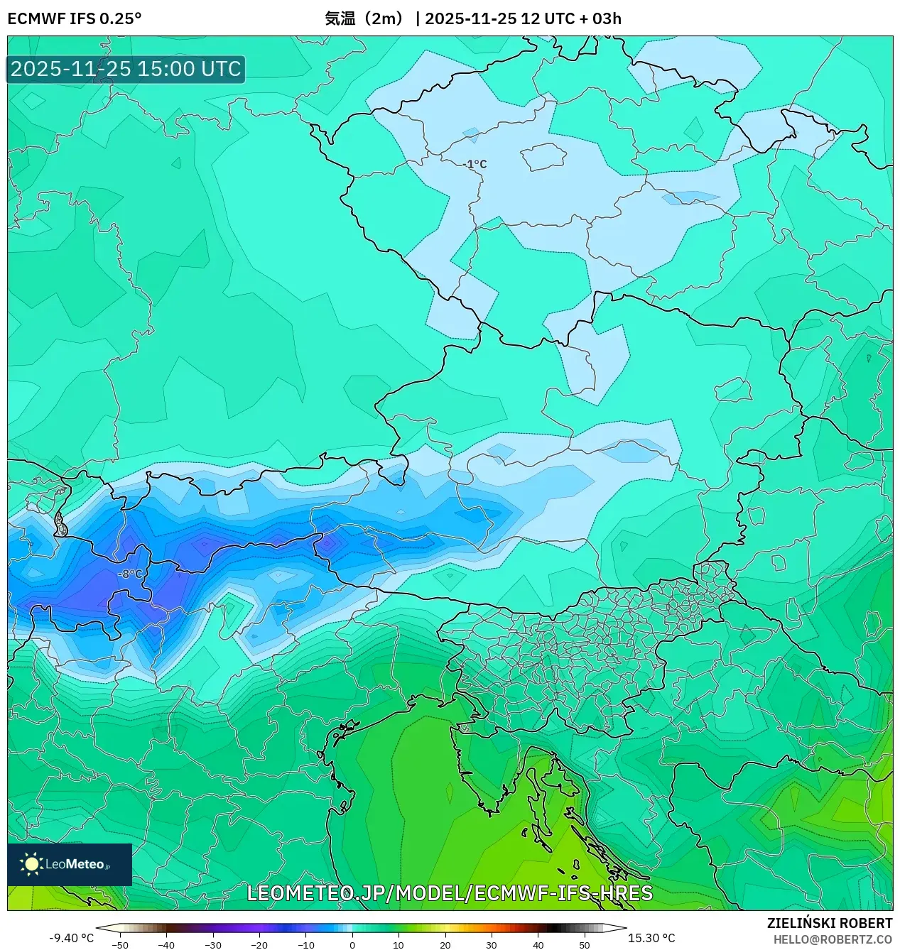 ECMWF IFS 0.25° model - オーストリア, 気温（2m）