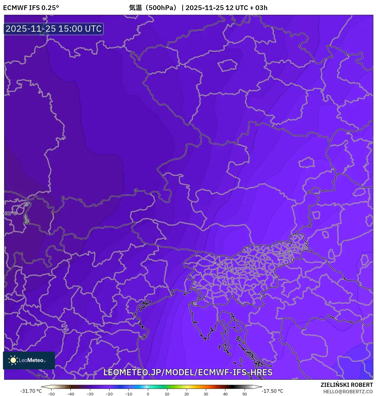 ECMWF IFS 0.25° model - オーストリア, 気温（500hPa）