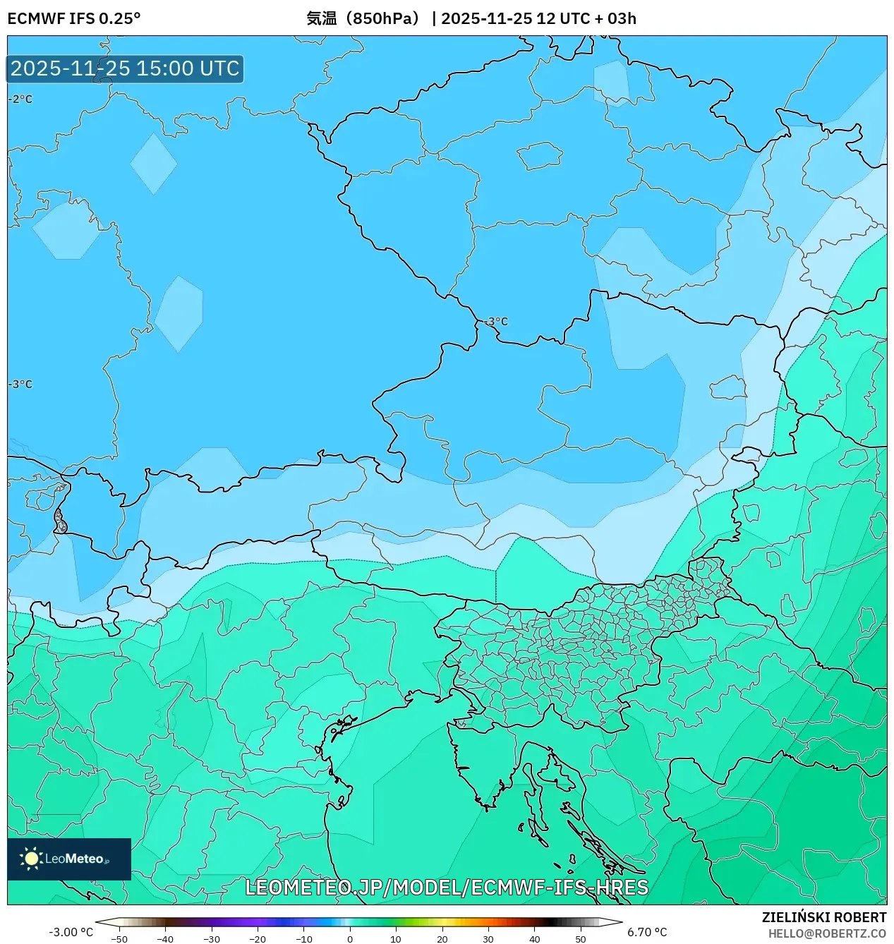 ECMWF IFS 0.25° model - オーストリア, 気温（850hPa）