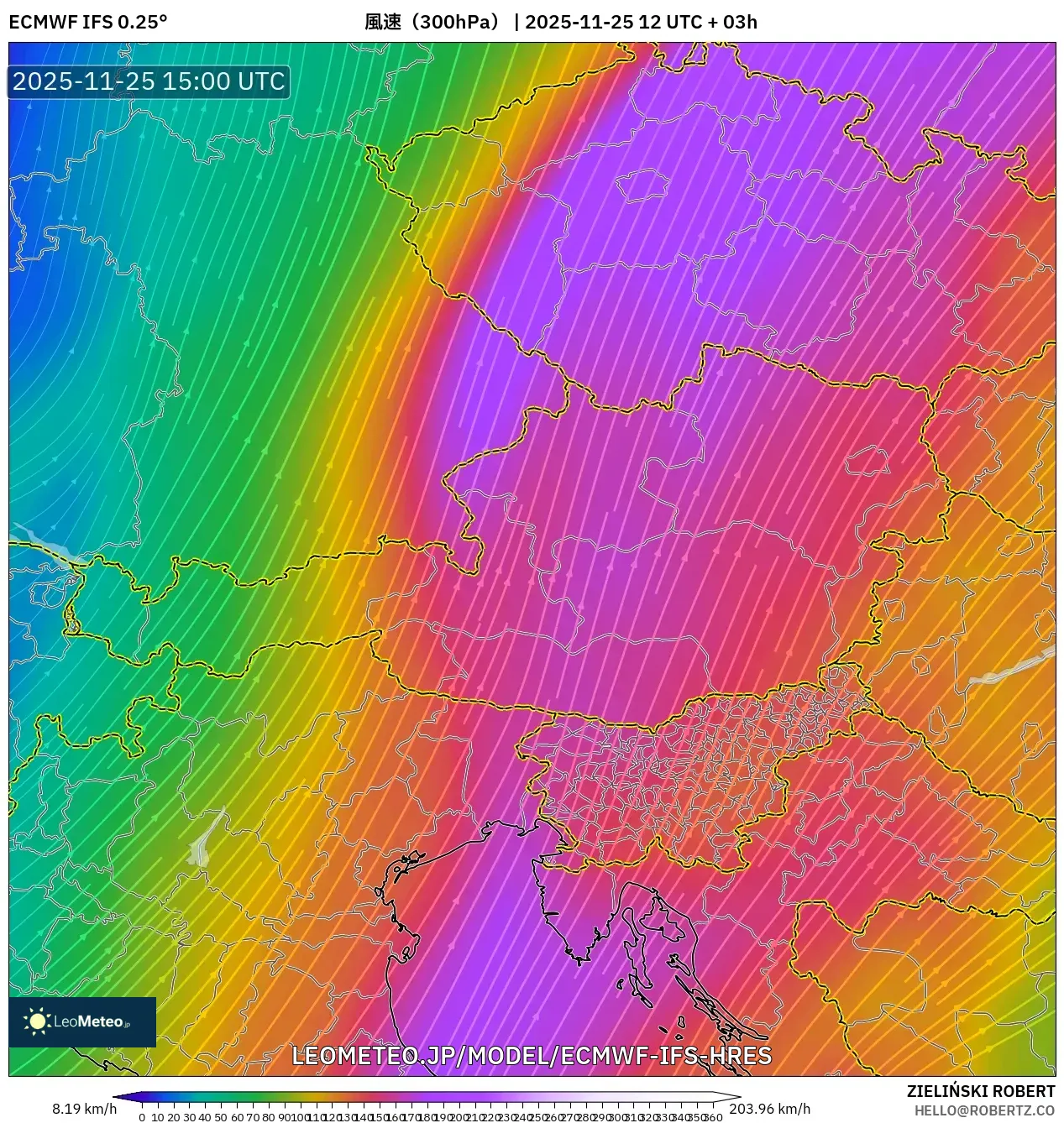 ECMWF IFS 0.25° model - オーストリア, 風速（300hPa）