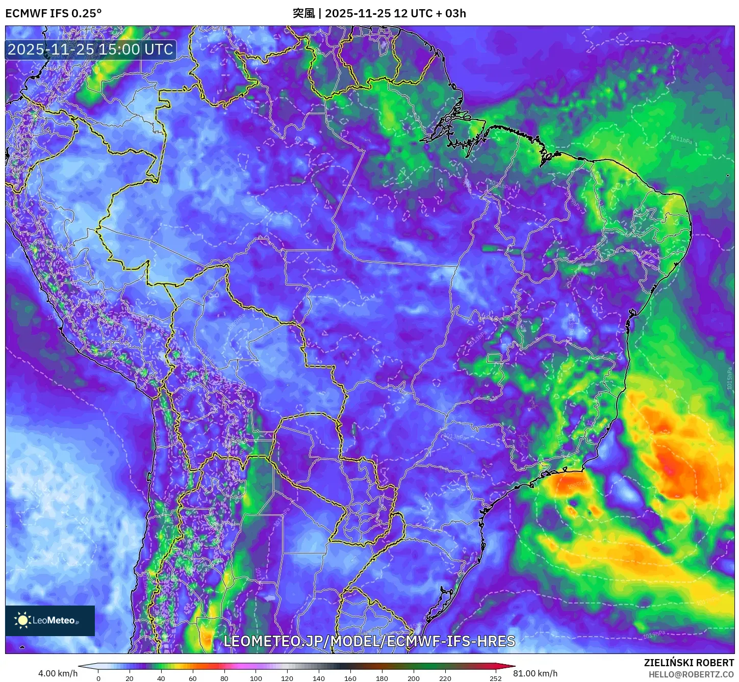 ECMWF IFS 0.25° model - ブラジル, 突風