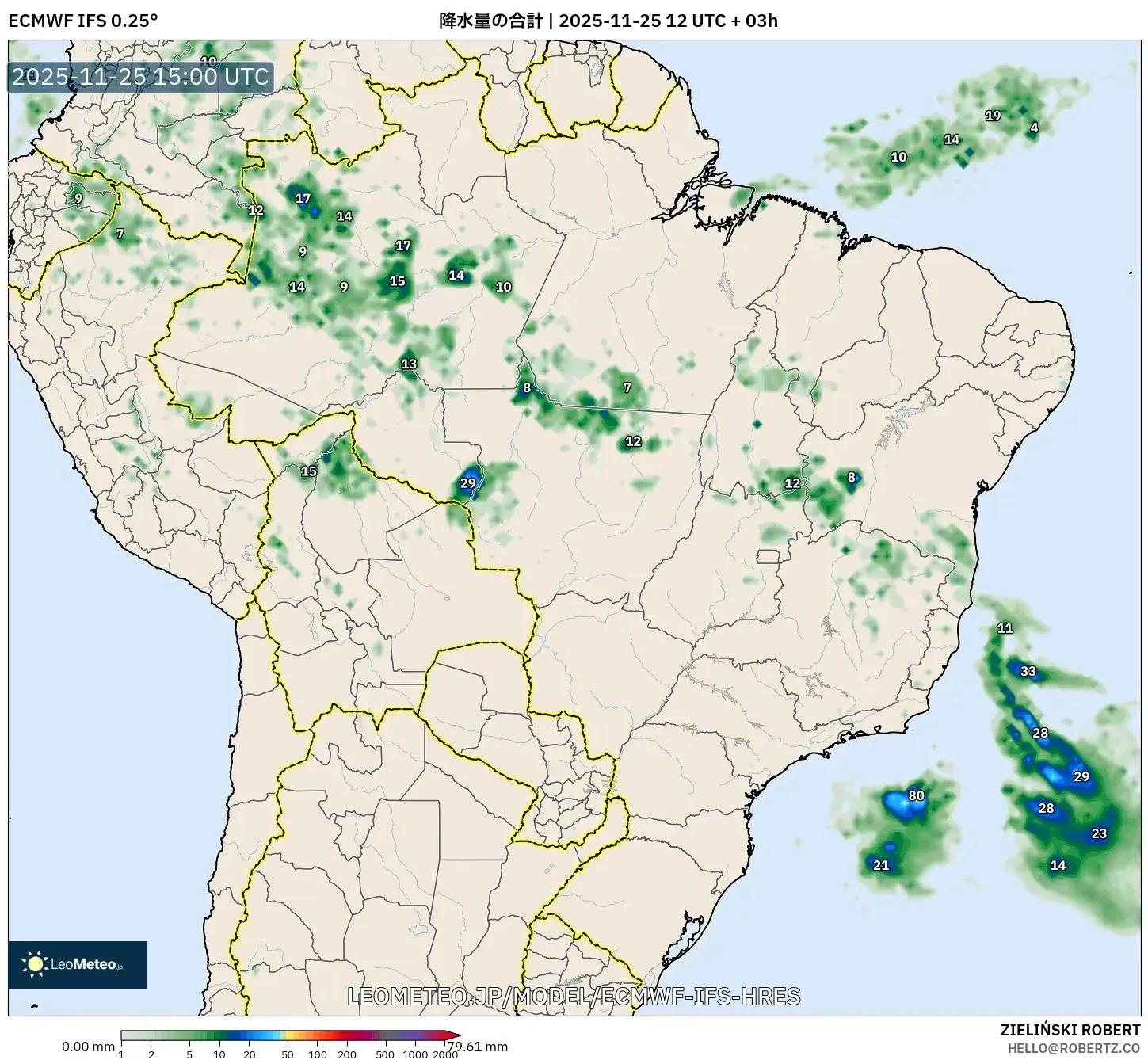 ECMWF IFS 0.25° model - ブラジル, 降水量の合計