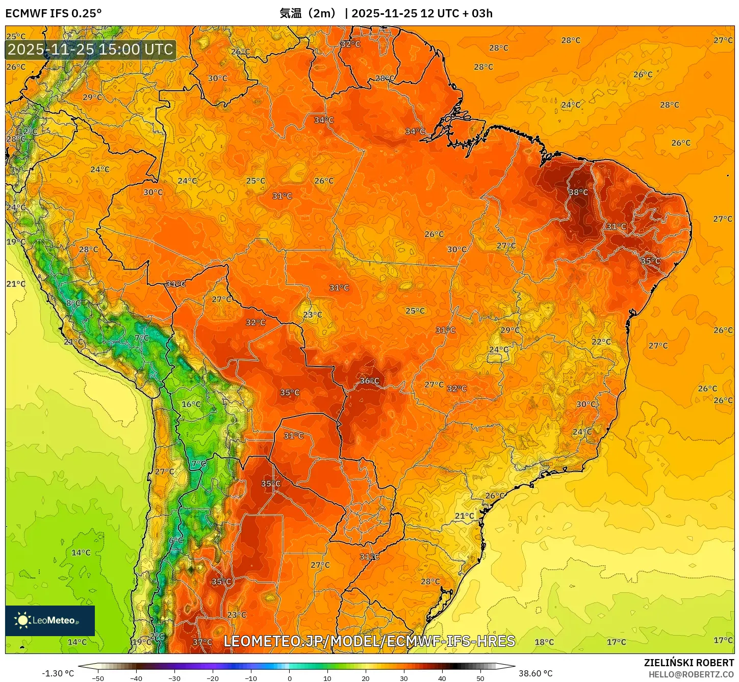 ECMWF IFS 0.25° model - ブラジル, 気温（2m）