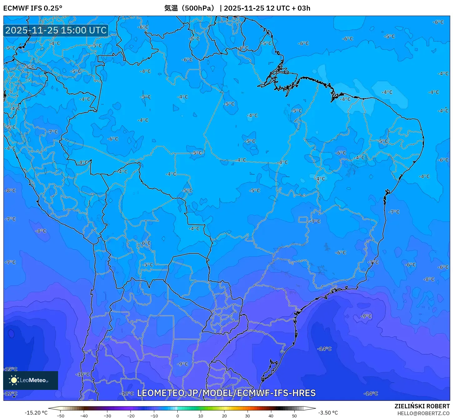 ECMWF IFS 0.25° model - ブラジル, 気温（500hPa）