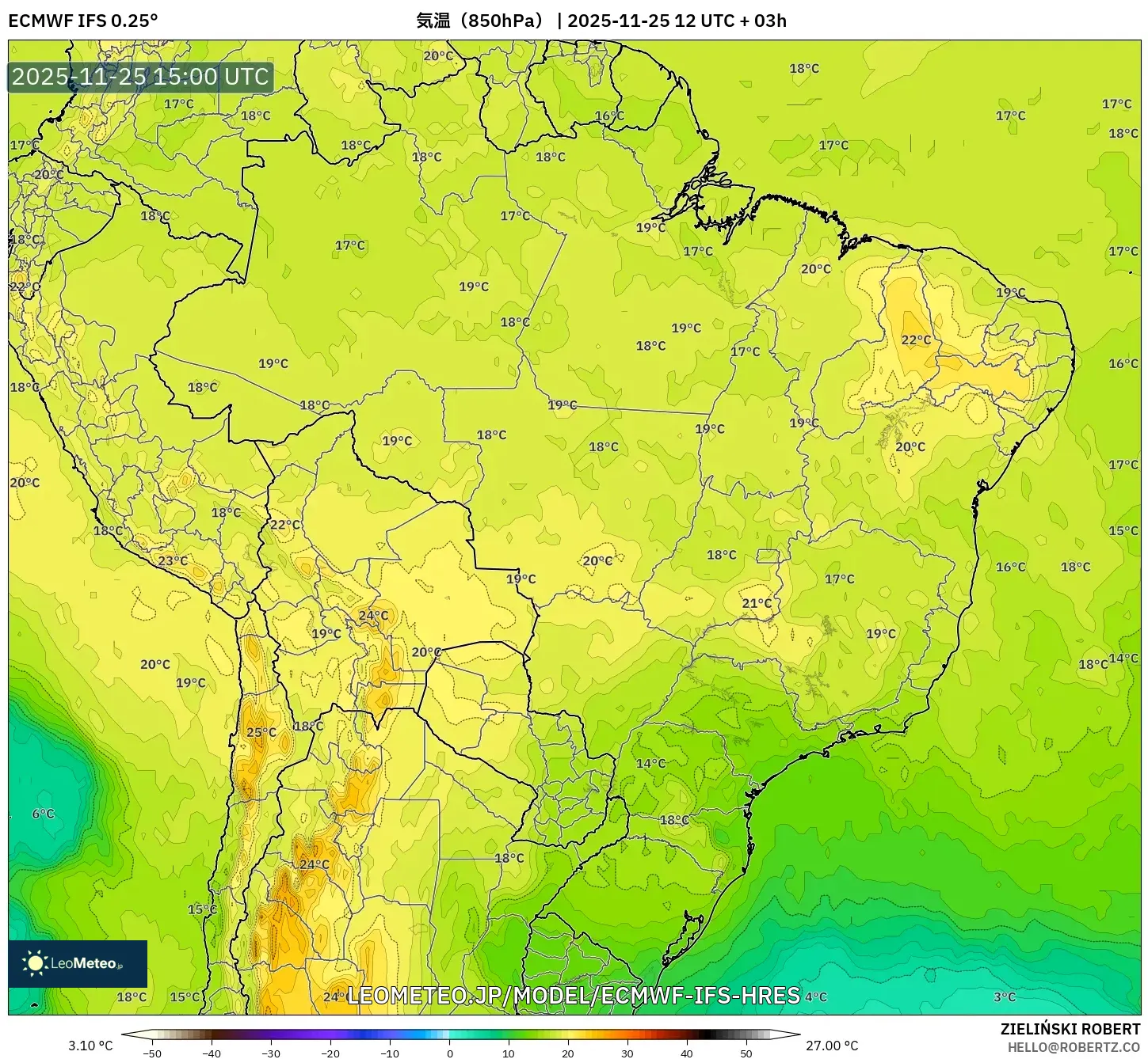 ECMWF IFS 0.25° model - ブラジル, 気温（850hPa）