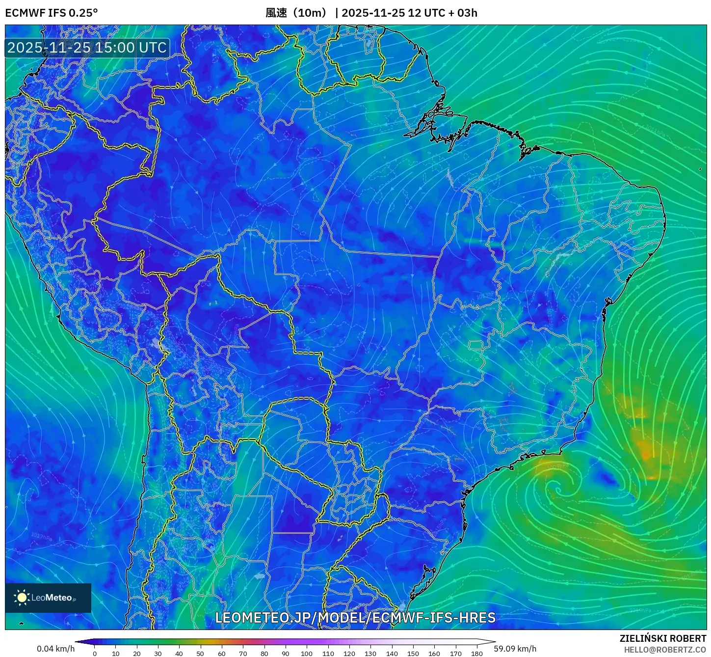 ECMWF IFS 0.25° model - ブラジル, 風速（10m）