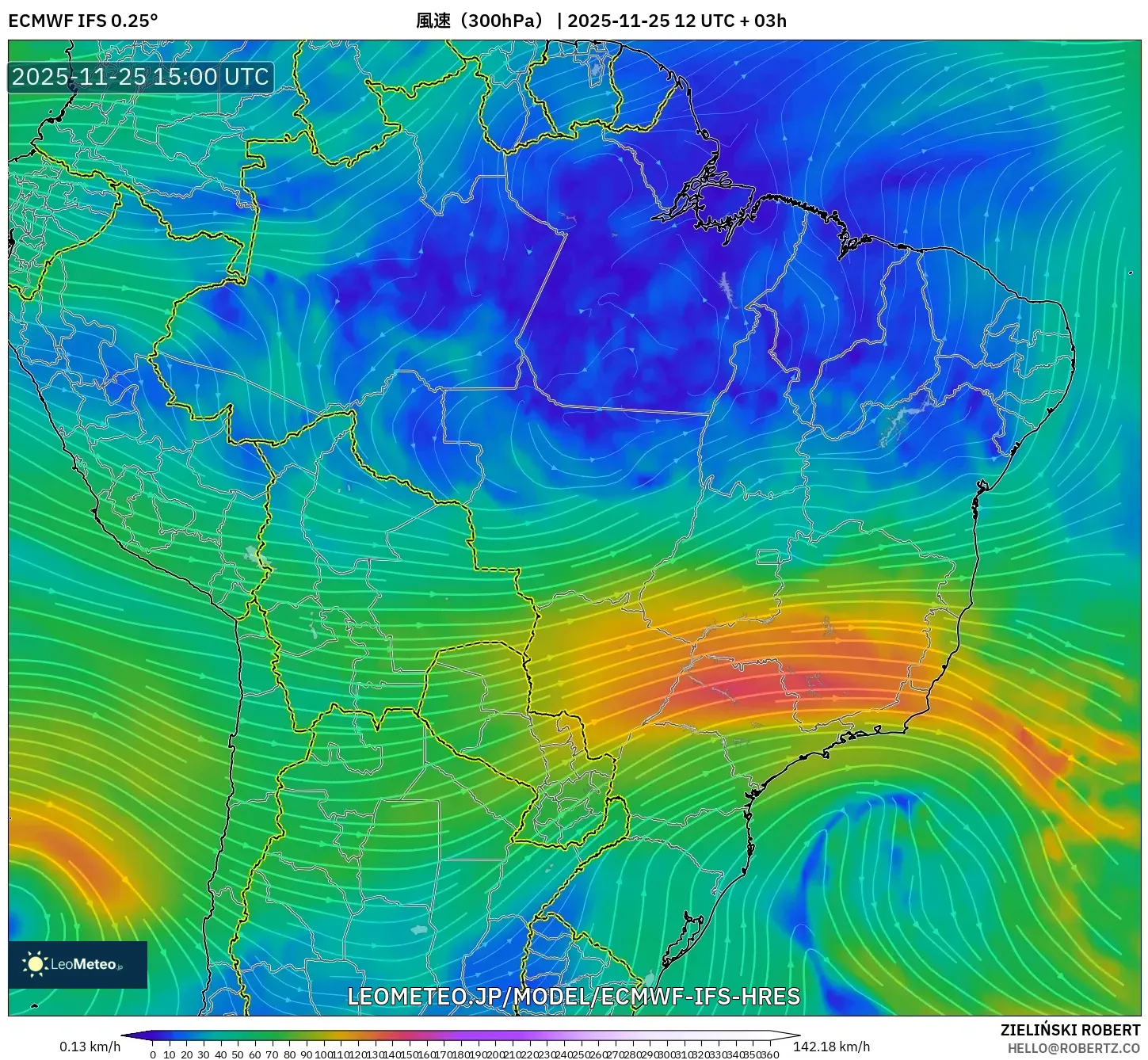 ECMWF IFS 0.25° model - ブラジル, 風速（300hPa）