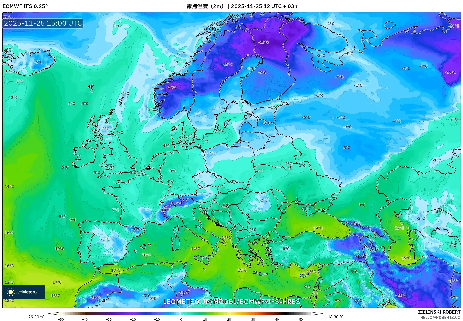 ECMWF IFS 0.25° model - ヨーロッパ, 露点温度（2m）