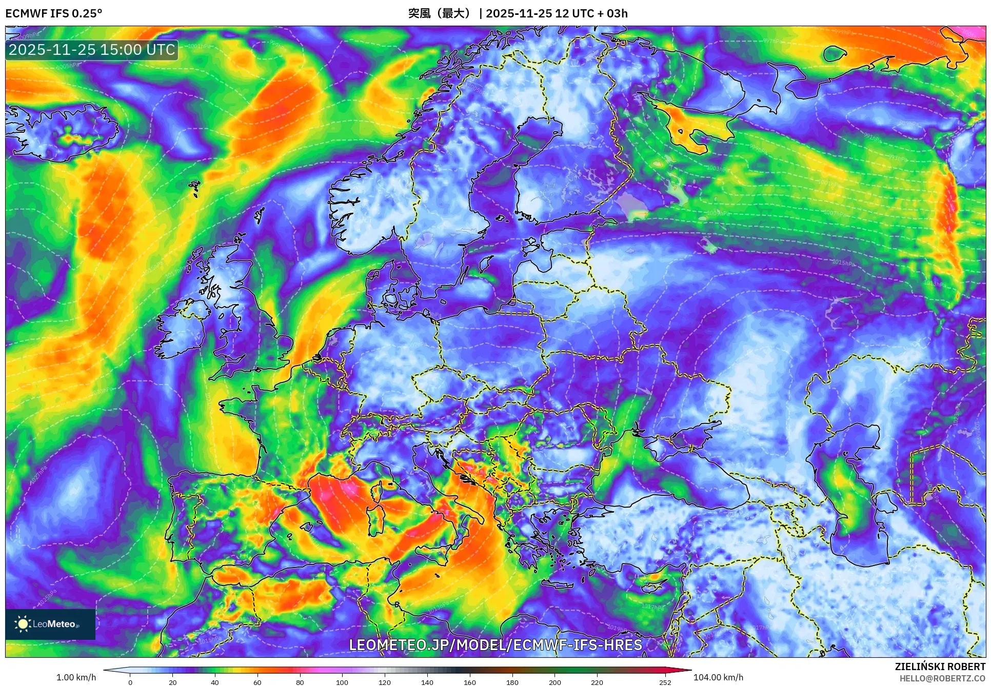 ECMWF IFS 0.25° model - ヨーロッパ, 突風（最大）