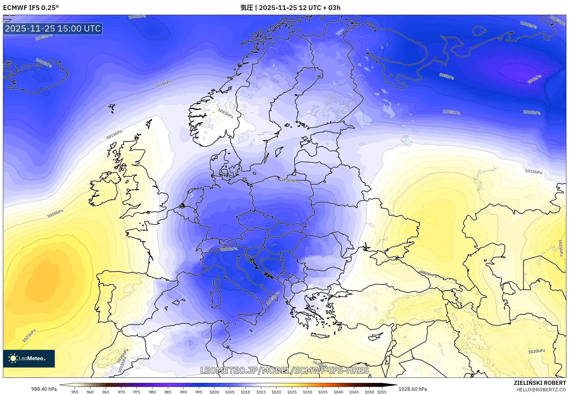 ECMWF IFS 0.25° model - ヨーロッパ, 気圧