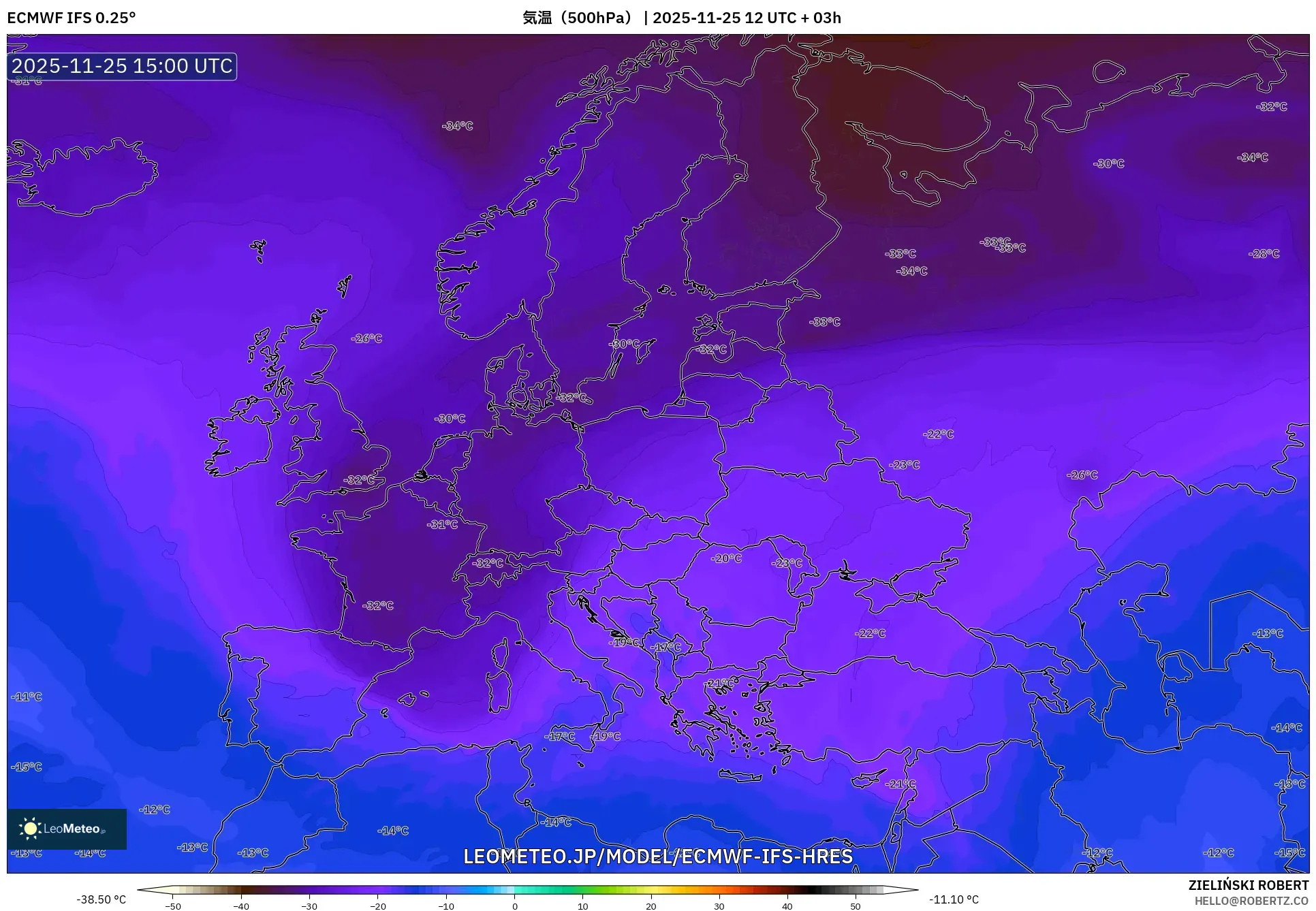 ECMWF IFS 0.25° model - ヨーロッパ, 気温（500hPa）