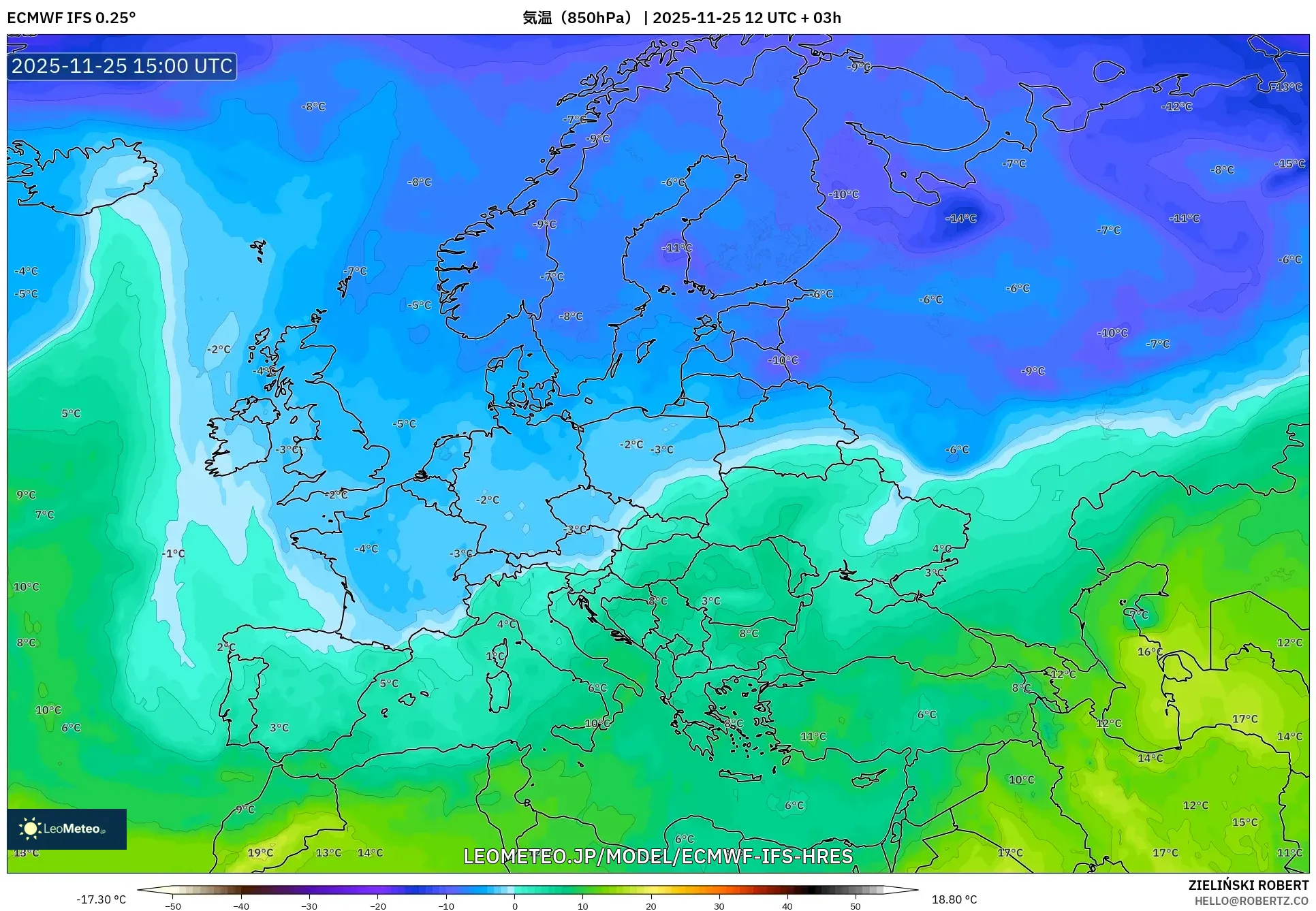 ECMWF IFS 0.25° model - ヨーロッパ, 気温（850hPa）