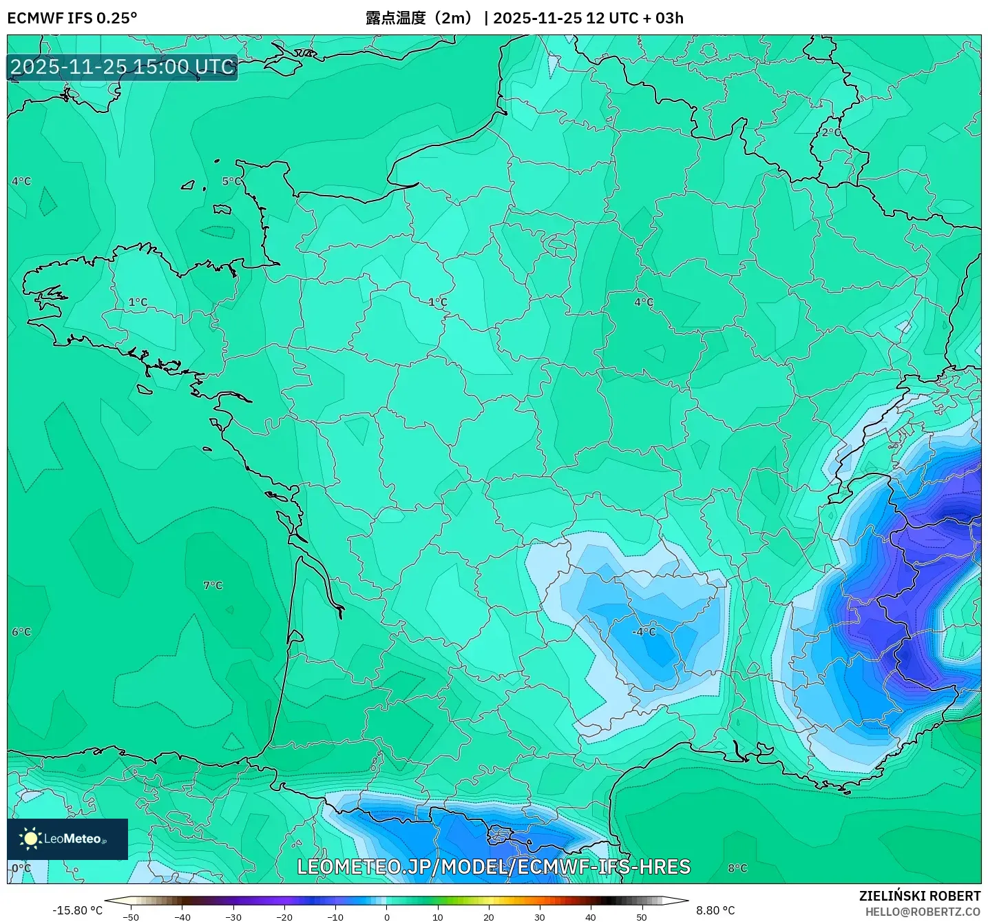 ECMWF IFS 0.25° model - フランス, 露点温度（2m）