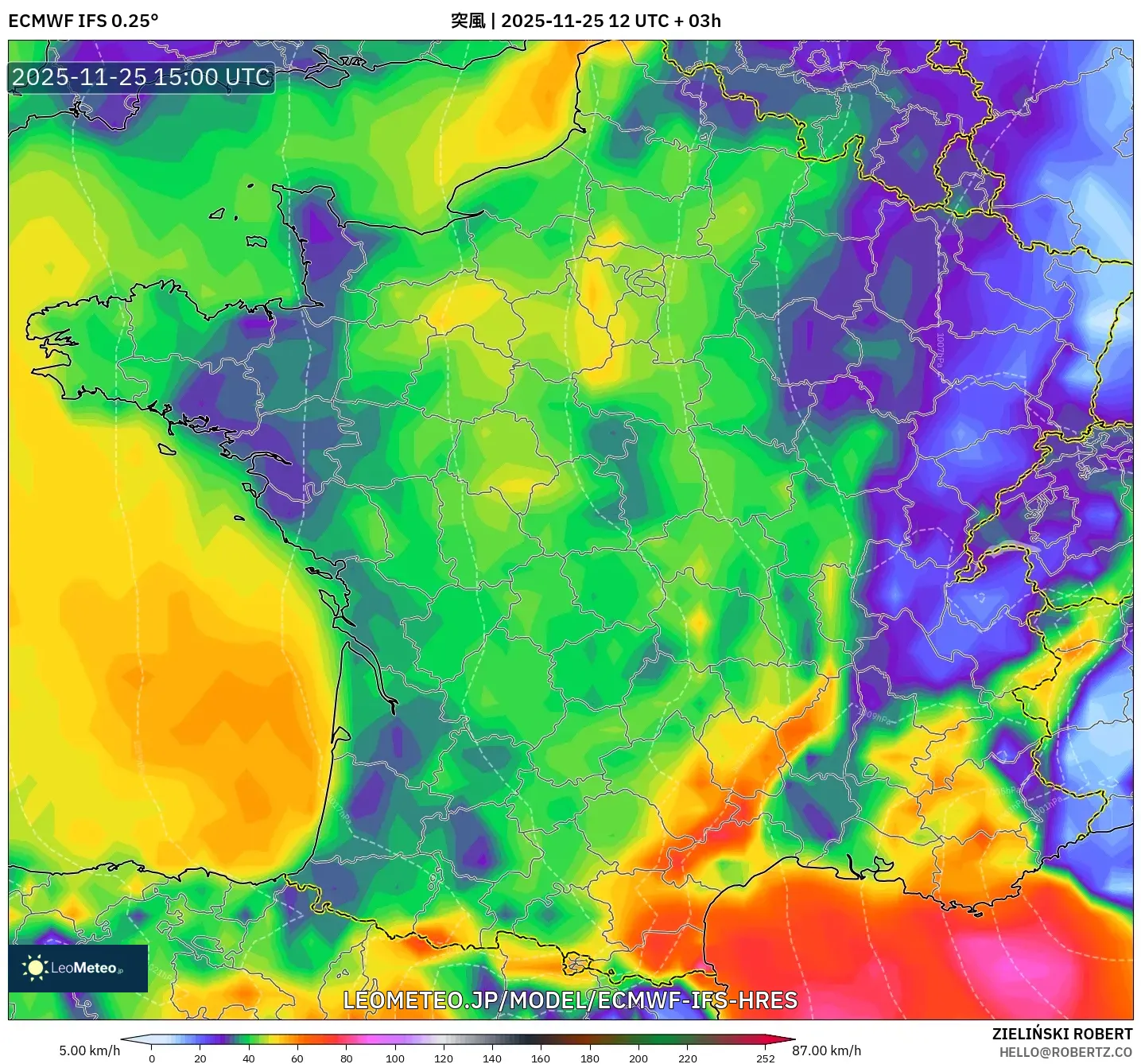 ECMWF IFS 0.25° model - フランス, 突風