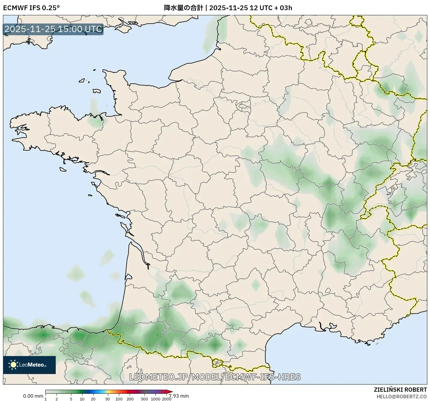 ECMWF IFS 0.25° model - フランス, 降水量の合計