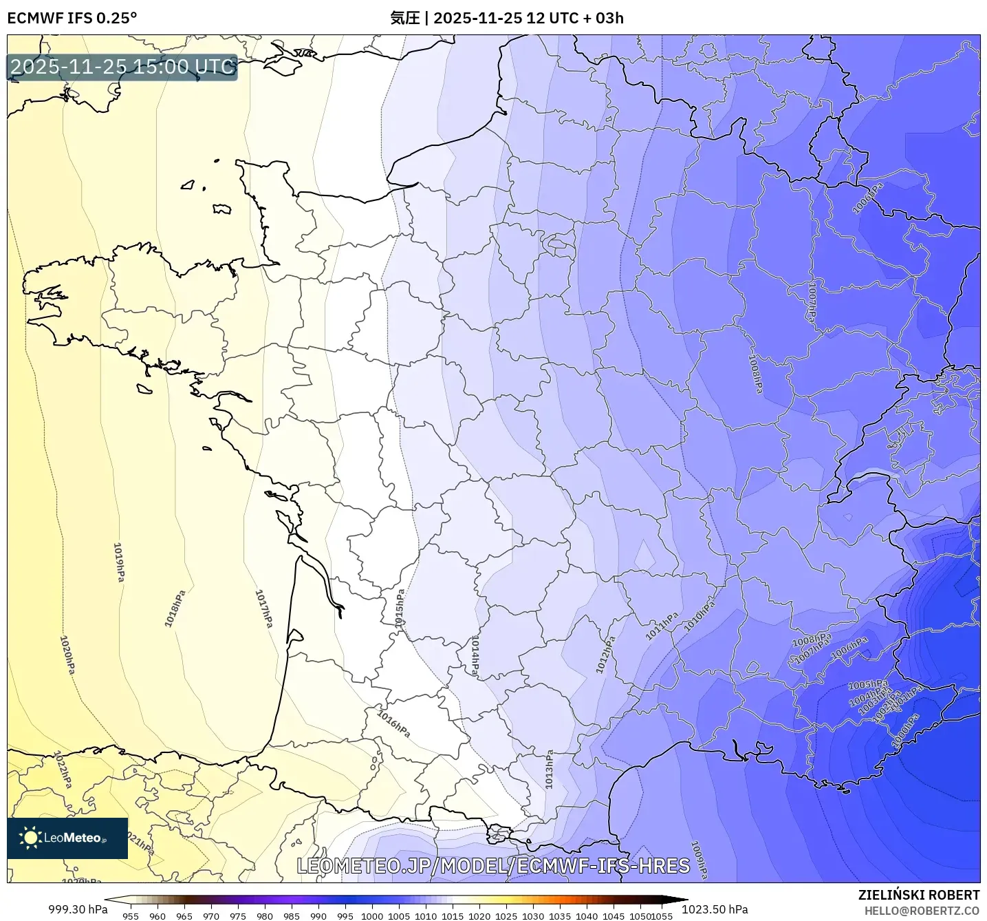 ECMWF IFS 0.25° model - フランス, 気圧
