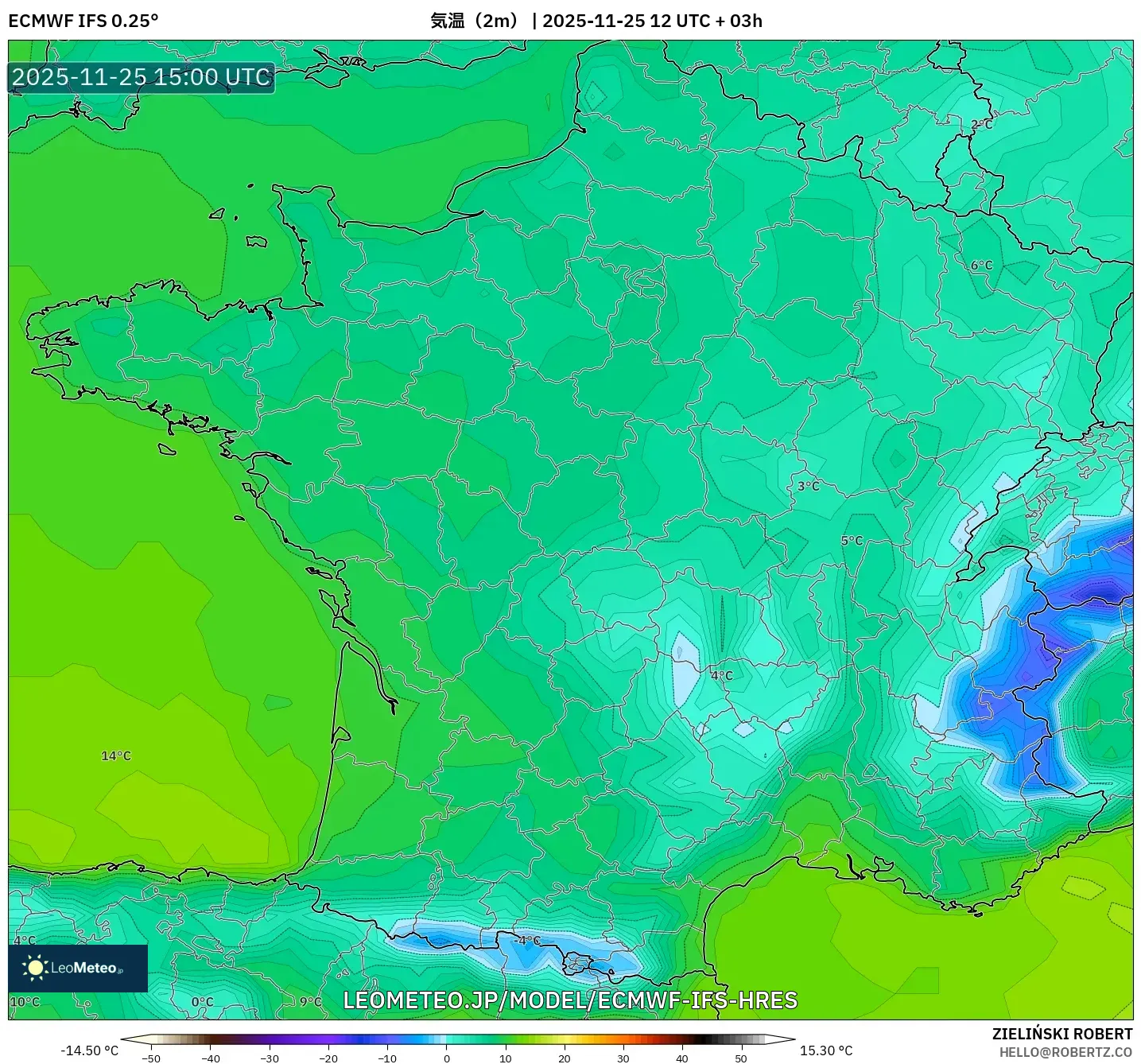 ECMWF IFS 0.25° model - フランス, 気温（2m）