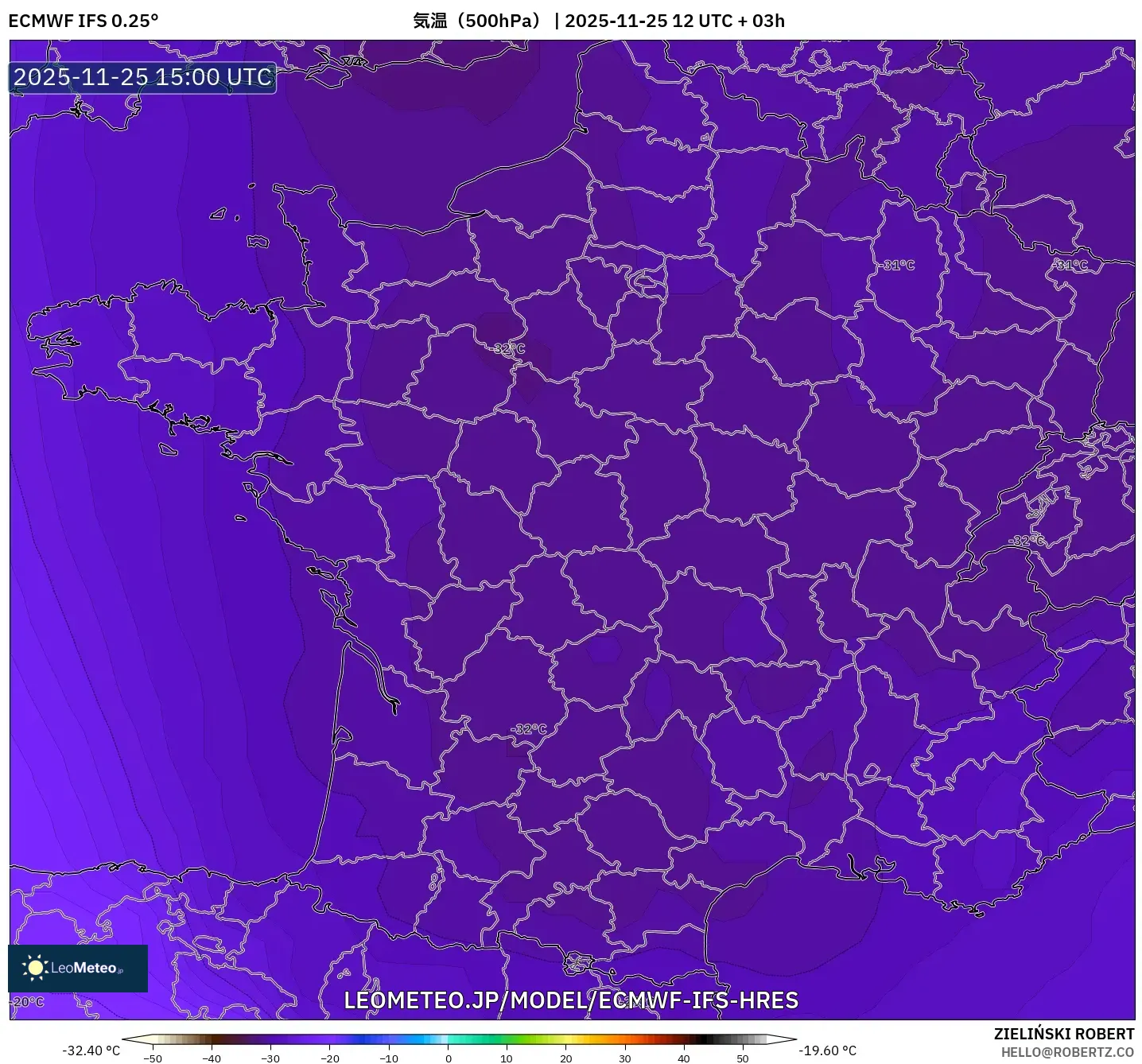 ECMWF IFS 0.25° model - フランス, 気温（500hPa）