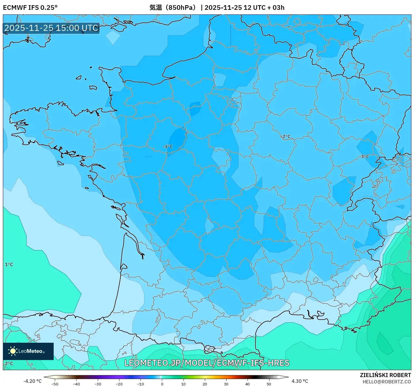 ECMWF IFS 0.25° model - フランス, 気温（850hPa）