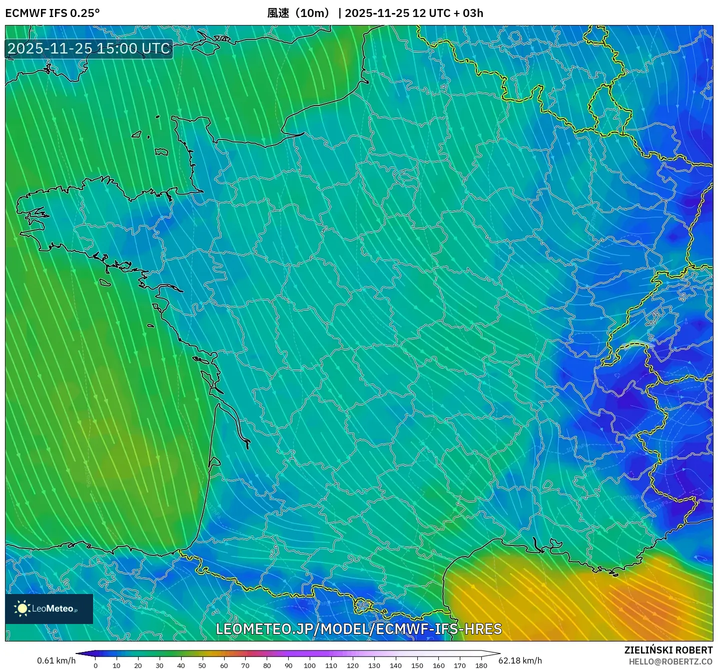 ECMWF IFS 0.25° model - フランス, 風速（10m）