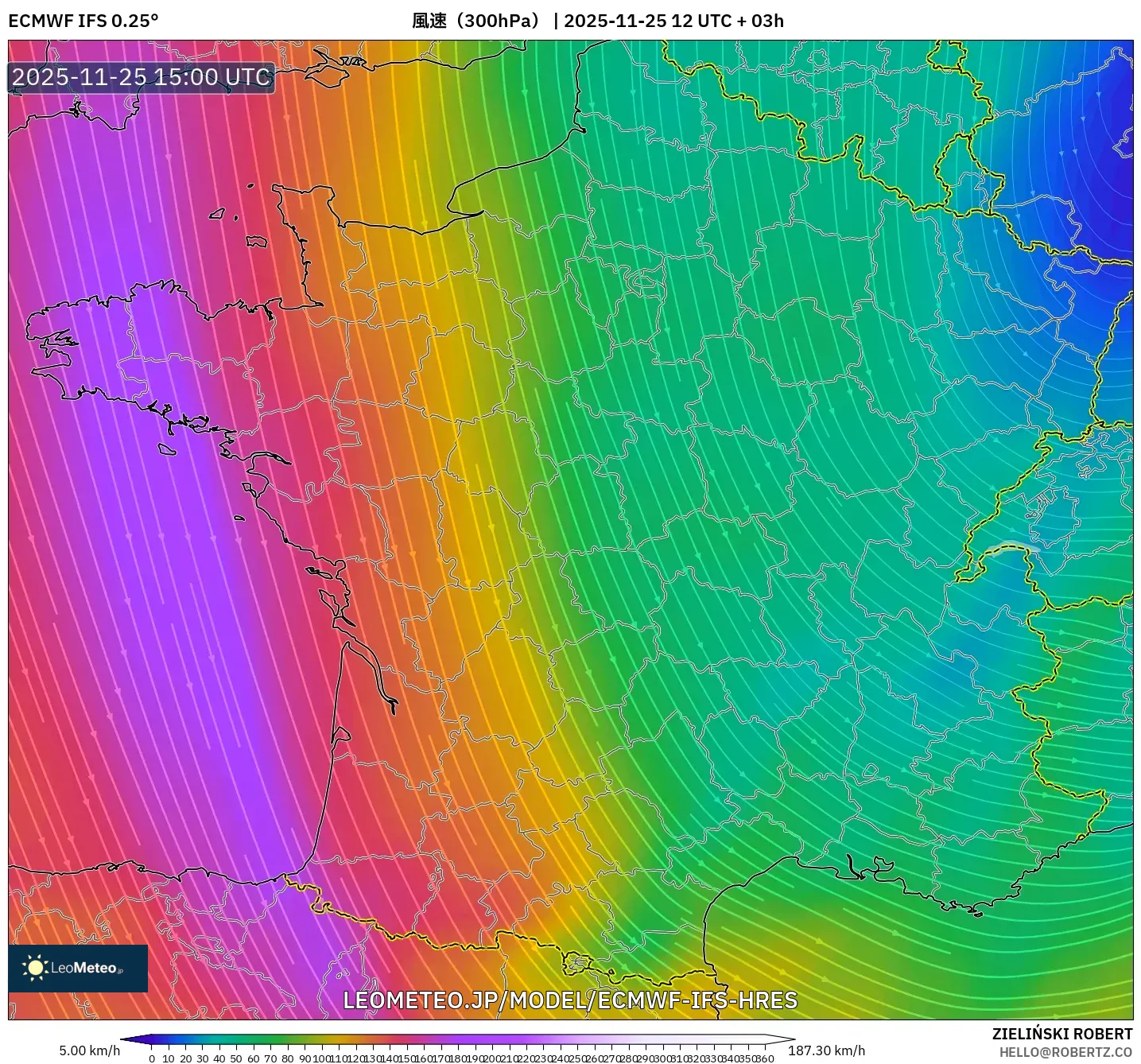 ECMWF IFS 0.25° model - フランス, 風速（300hPa）