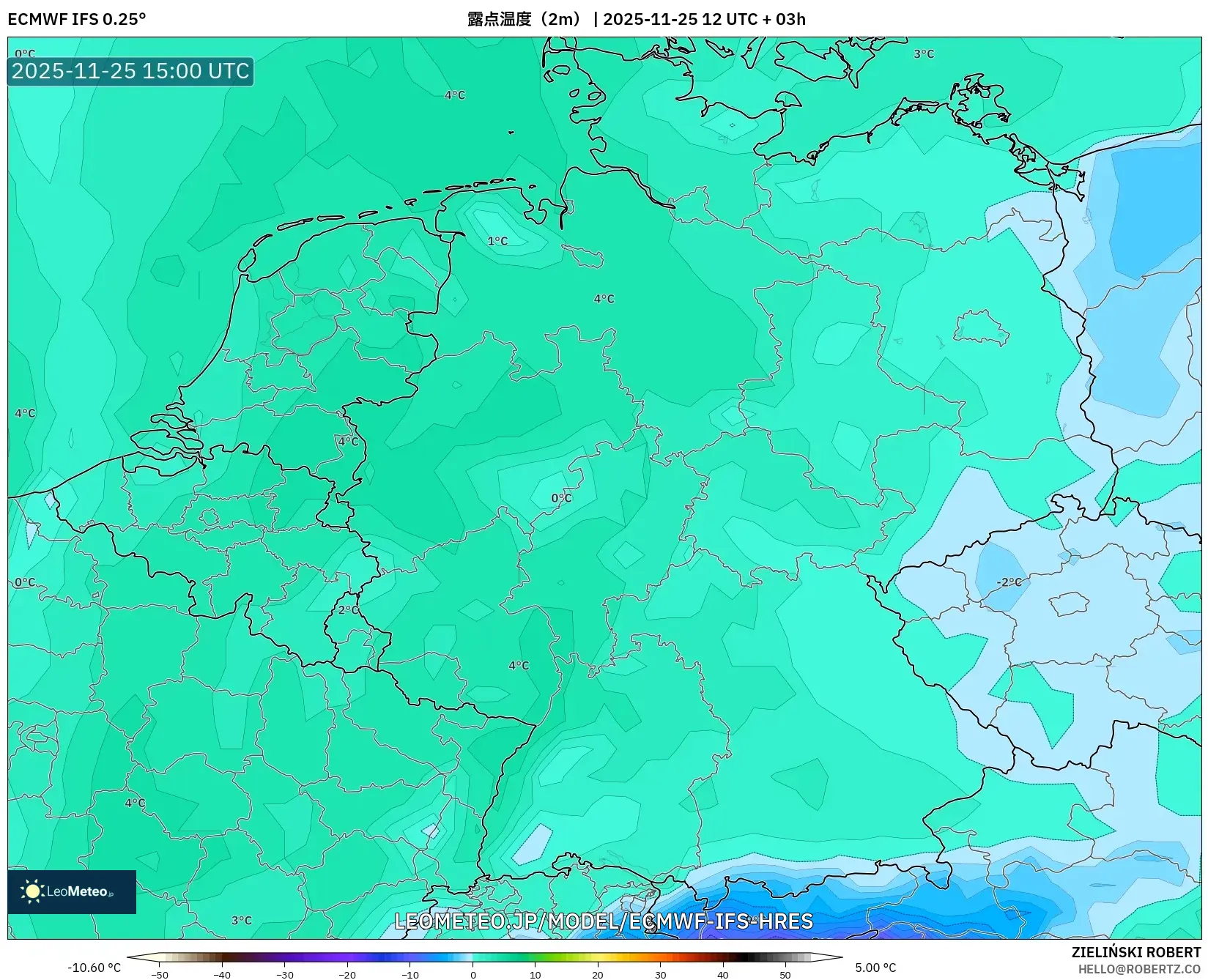 ECMWF IFS 0.25° model - ドイツ, 露点温度（2m）
