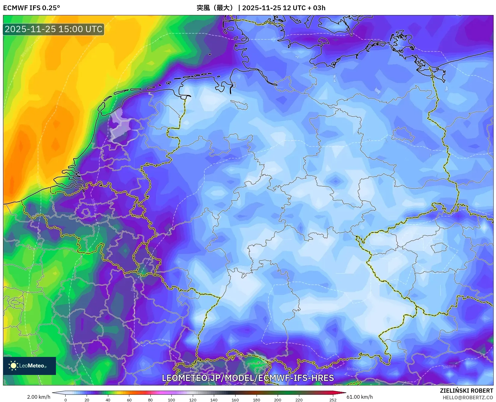 ECMWF IFS 0.25° model - ドイツ, 突風（最大）