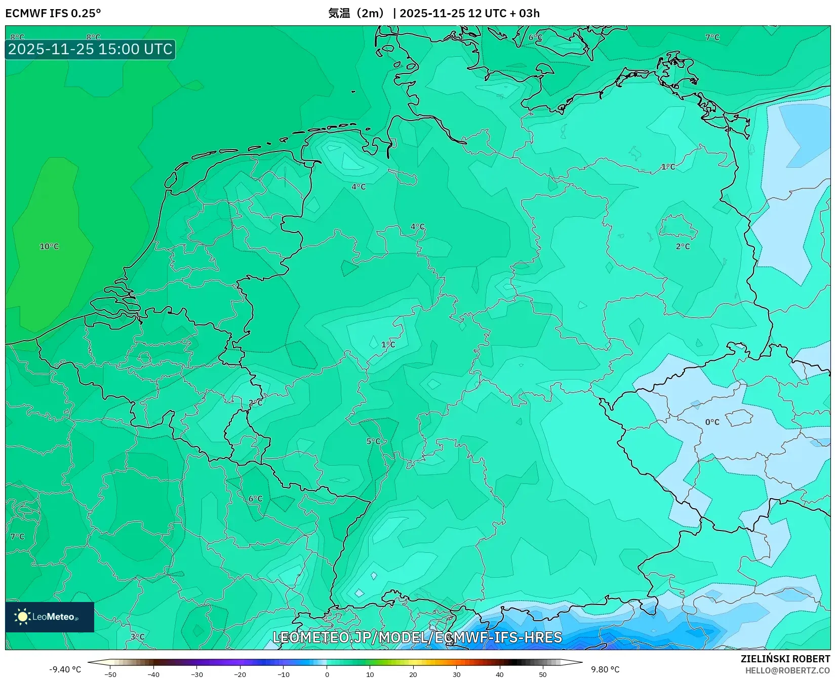 ECMWF IFS 0.25° model - ドイツ, 気温（2m）