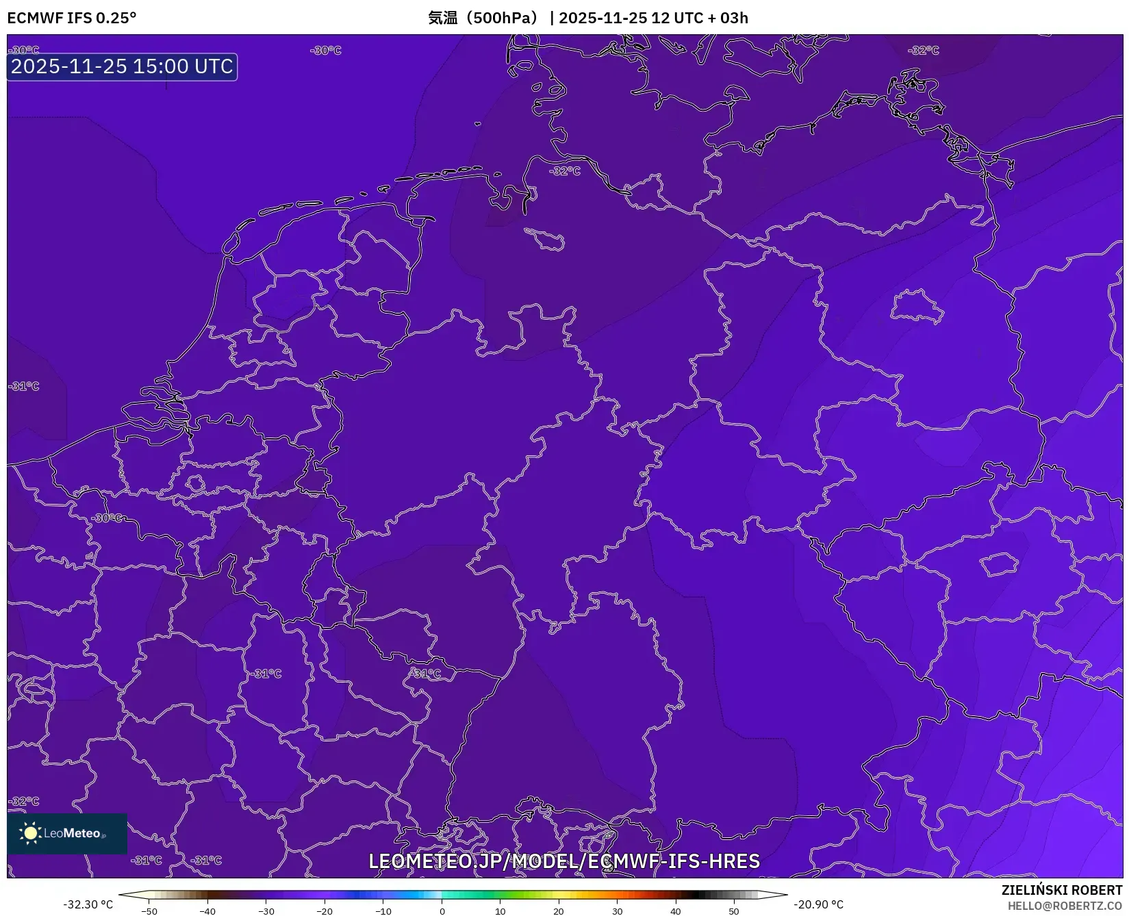 ECMWF IFS 0.25° model - ドイツ, 気温（500hPa）