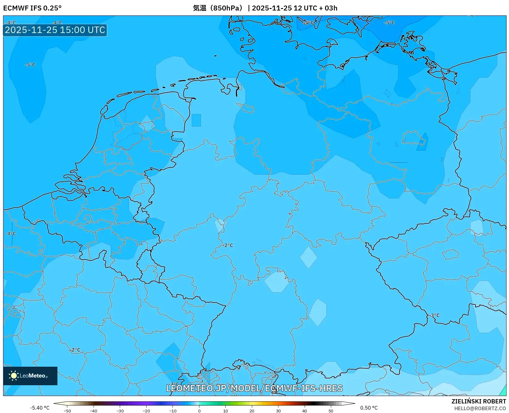 ECMWF IFS 0.25° model - ドイツ, 気温（850hPa）