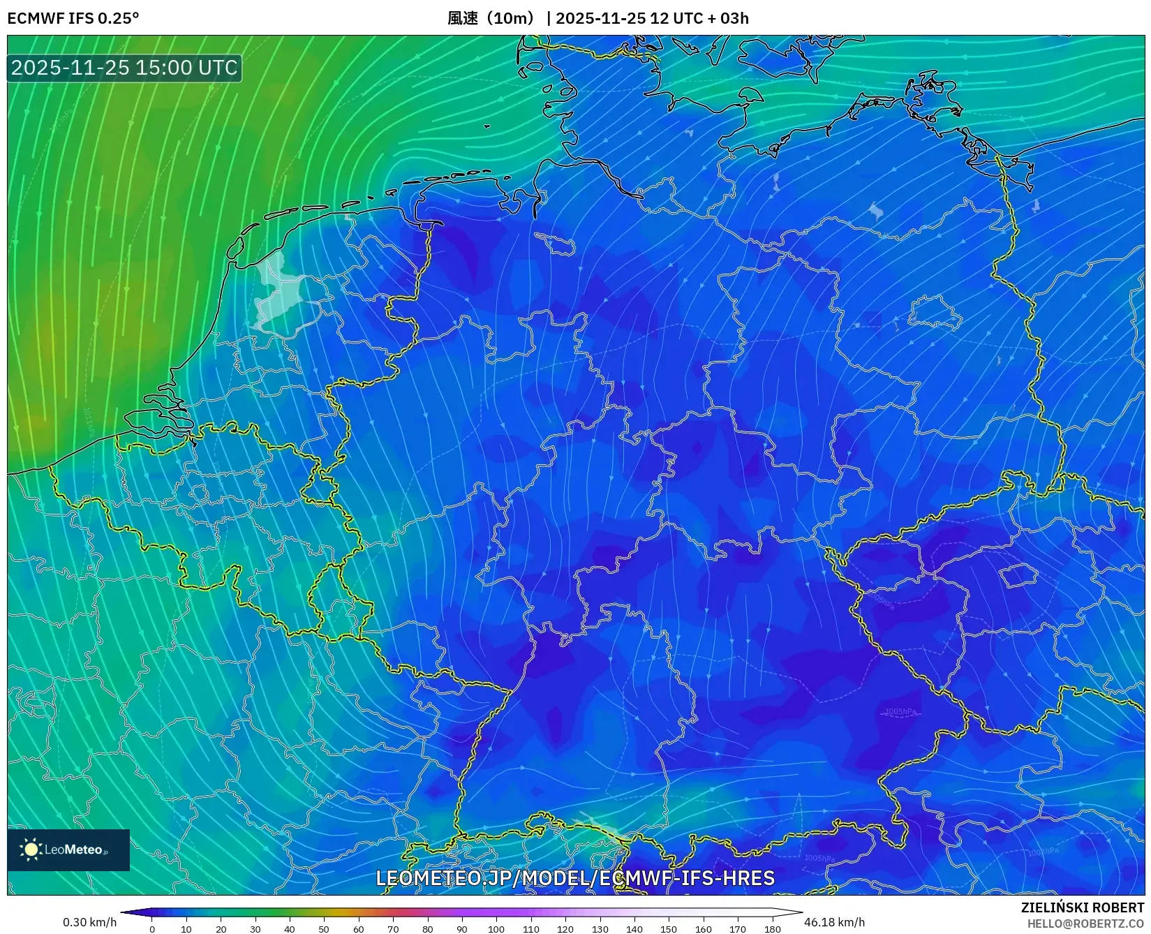 ECMWF IFS 0.25° model - ドイツ, 風速（10m）
