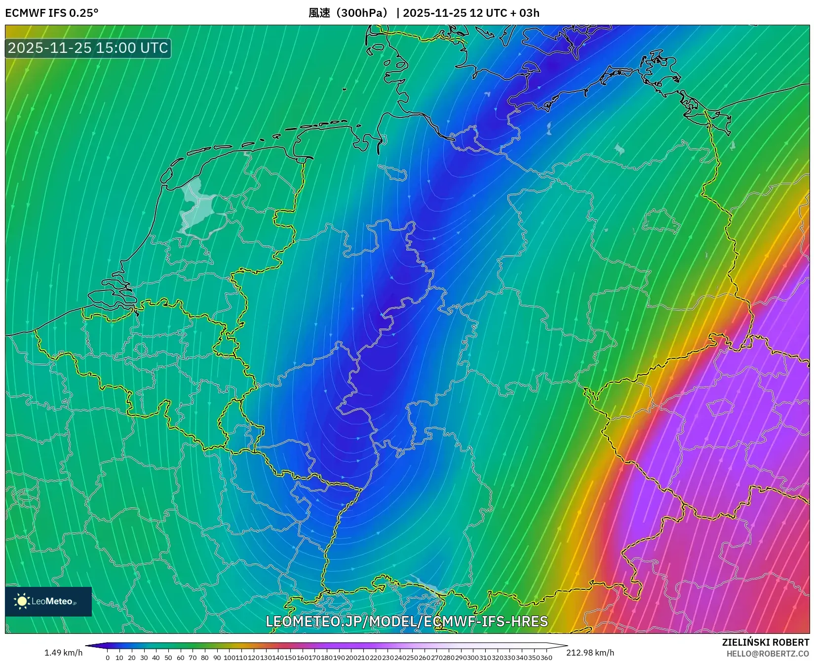 ECMWF IFS 0.25° model - ドイツ, 風速（300hPa）