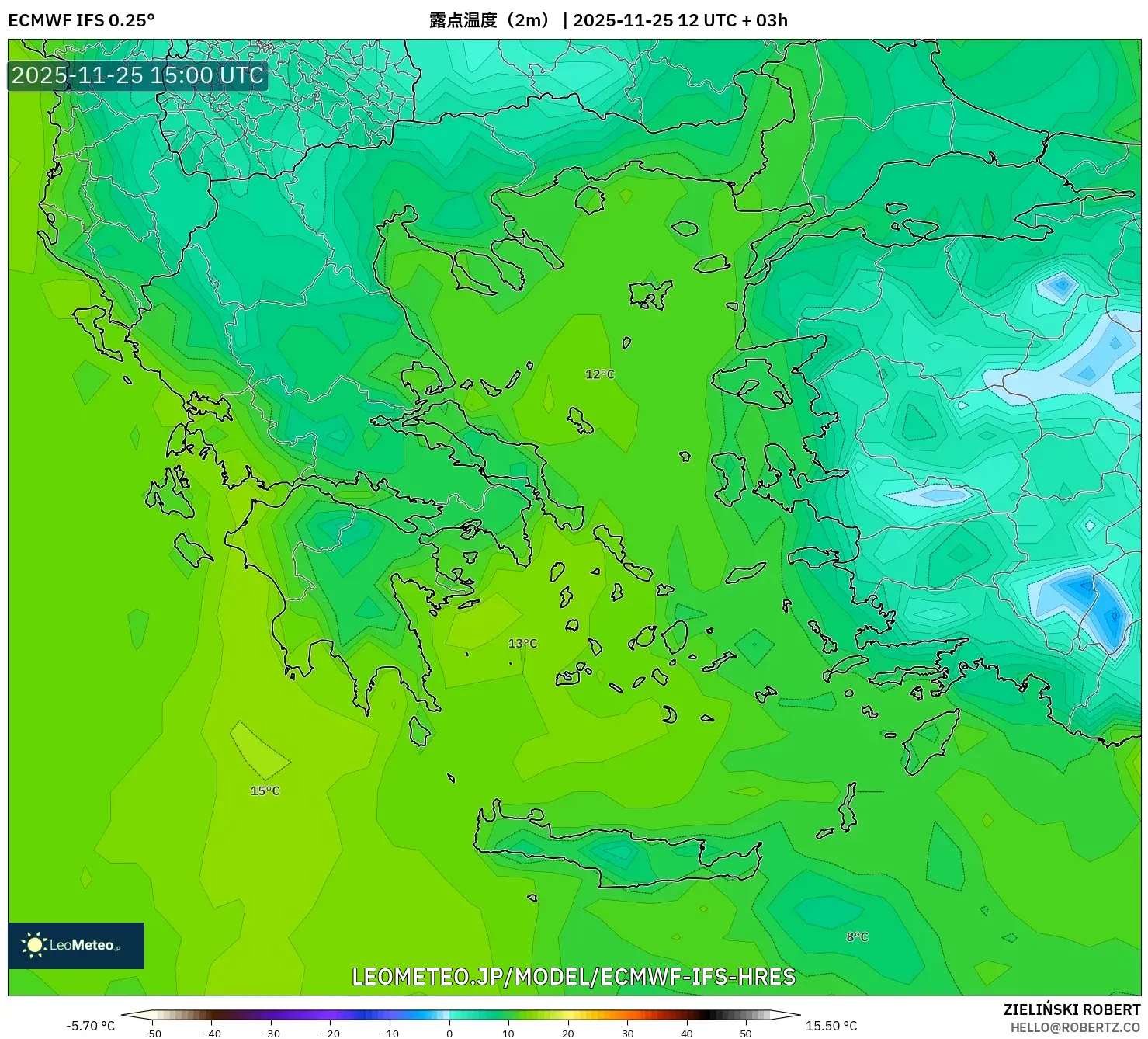 ECMWF IFS 0.25° model - ギリシャ, 露点温度（2m）