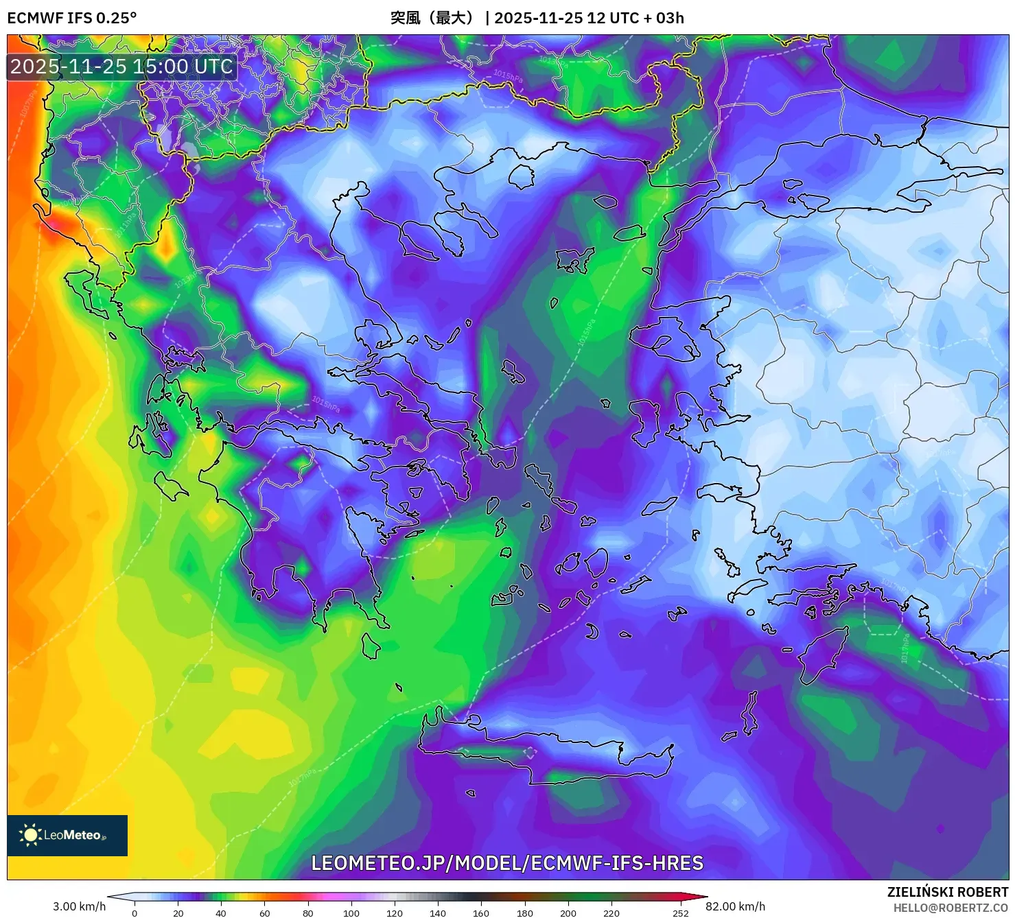 ECMWF IFS 0.25° model - ギリシャ, 突風（最大）