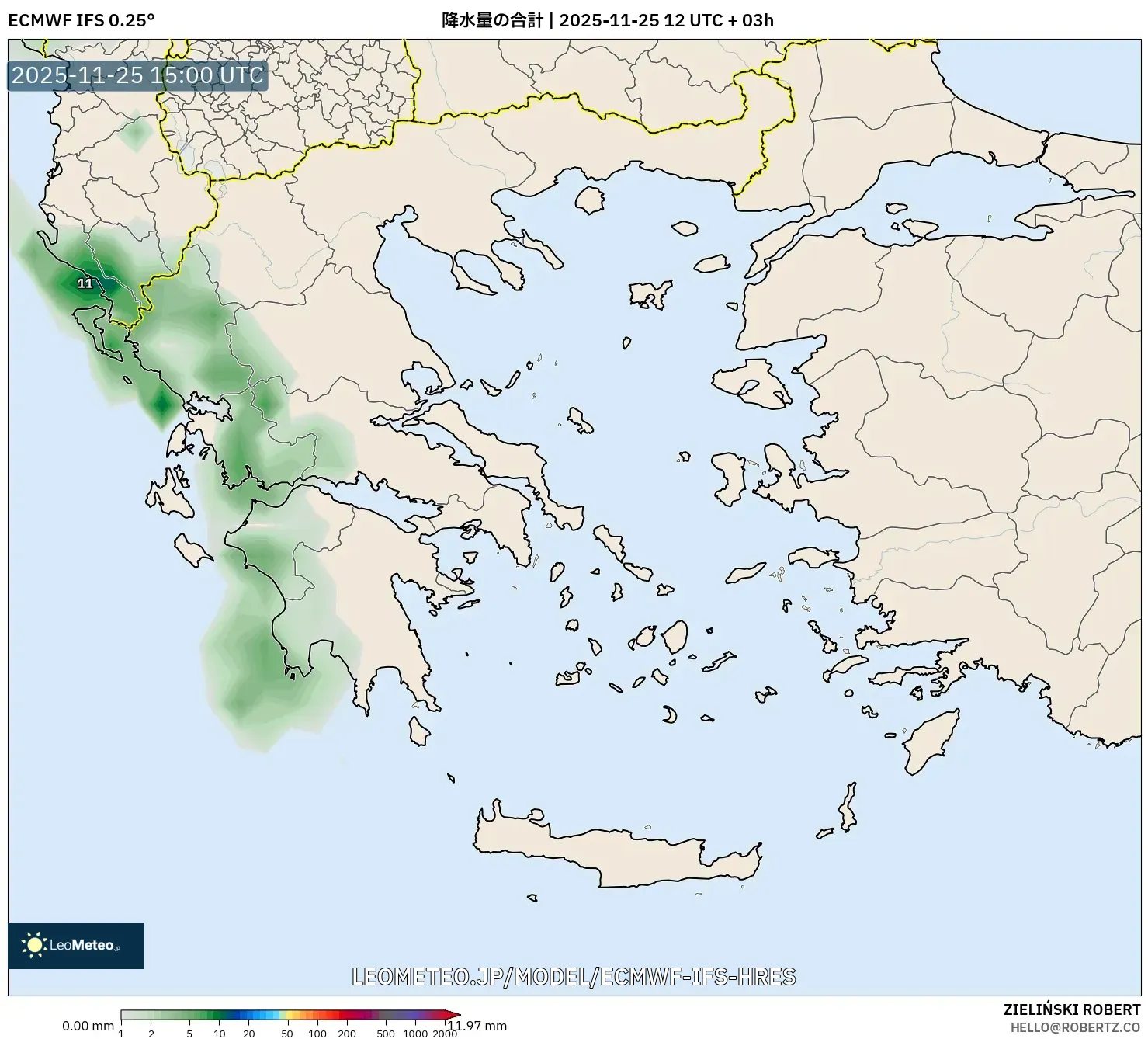 ECMWF IFS 0.25° model - ギリシャ, 降水量の合計