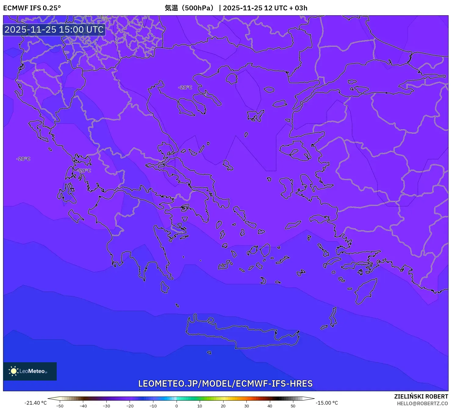 ECMWF IFS 0.25° model - ギリシャ, 気温（500hPa）