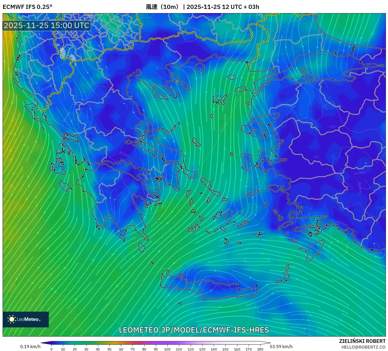 ECMWF IFS 0.25° model - ギリシャ, 風速（10m）