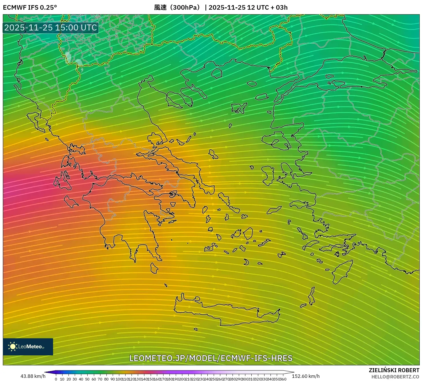 ECMWF IFS 0.25° model - ギリシャ, 風速（300hPa）