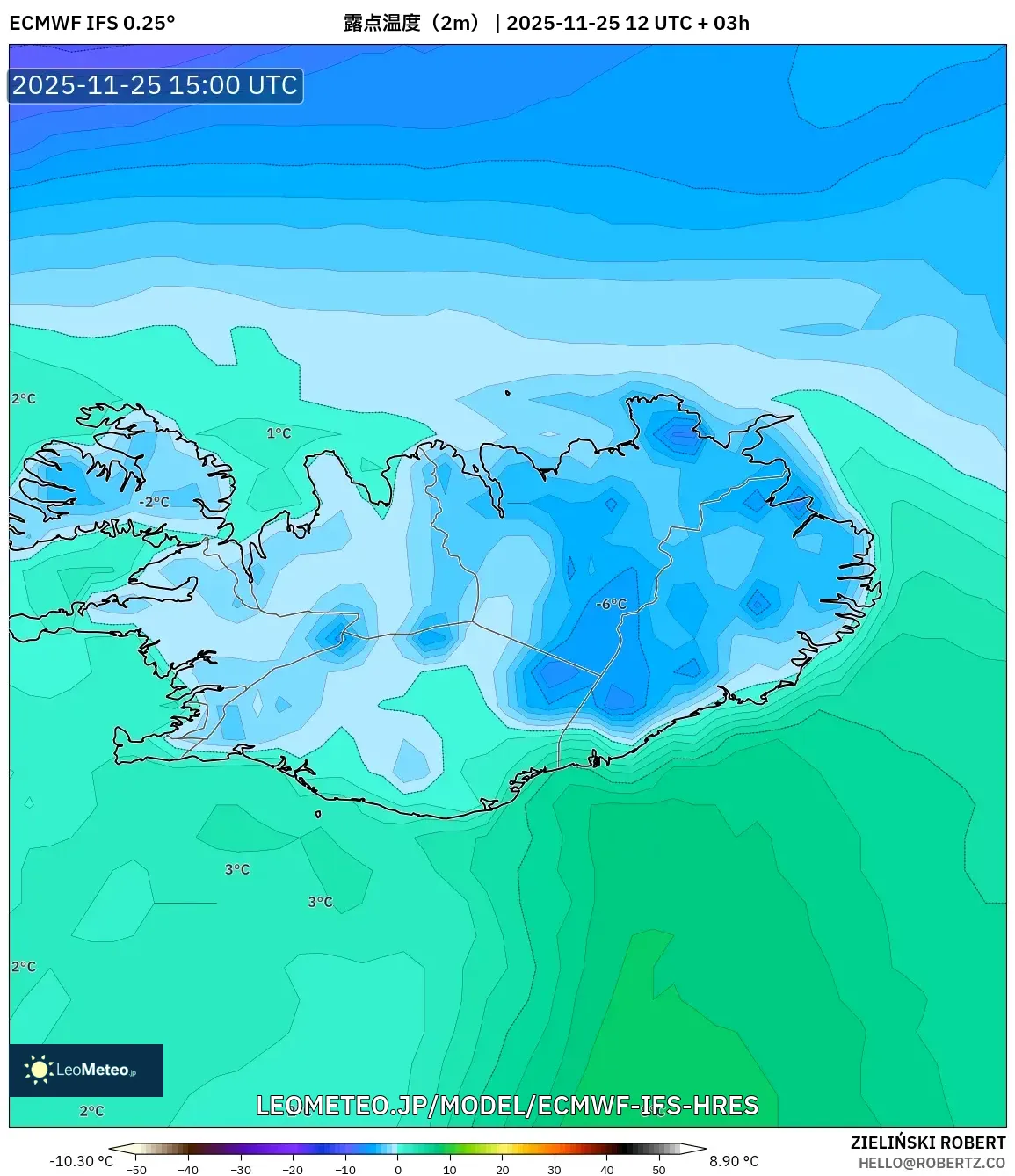 ECMWF IFS 0.25° model - アイスランド, 露点温度（2m）
