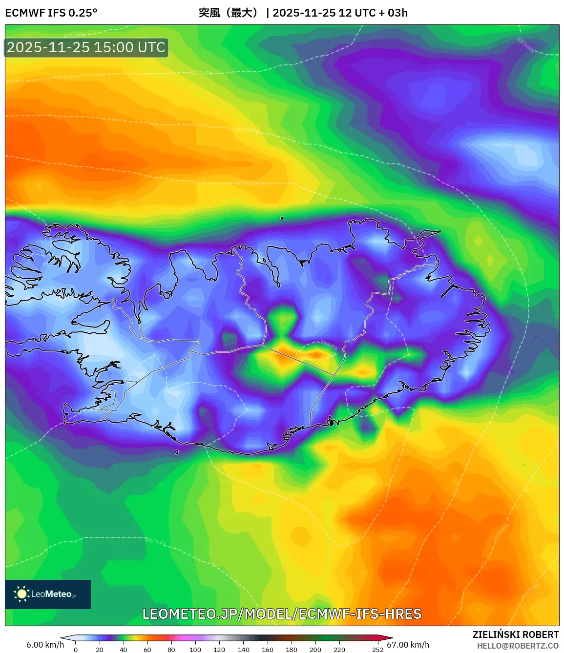 ECMWF IFS 0.25° model - アイスランド, 突風（最大）