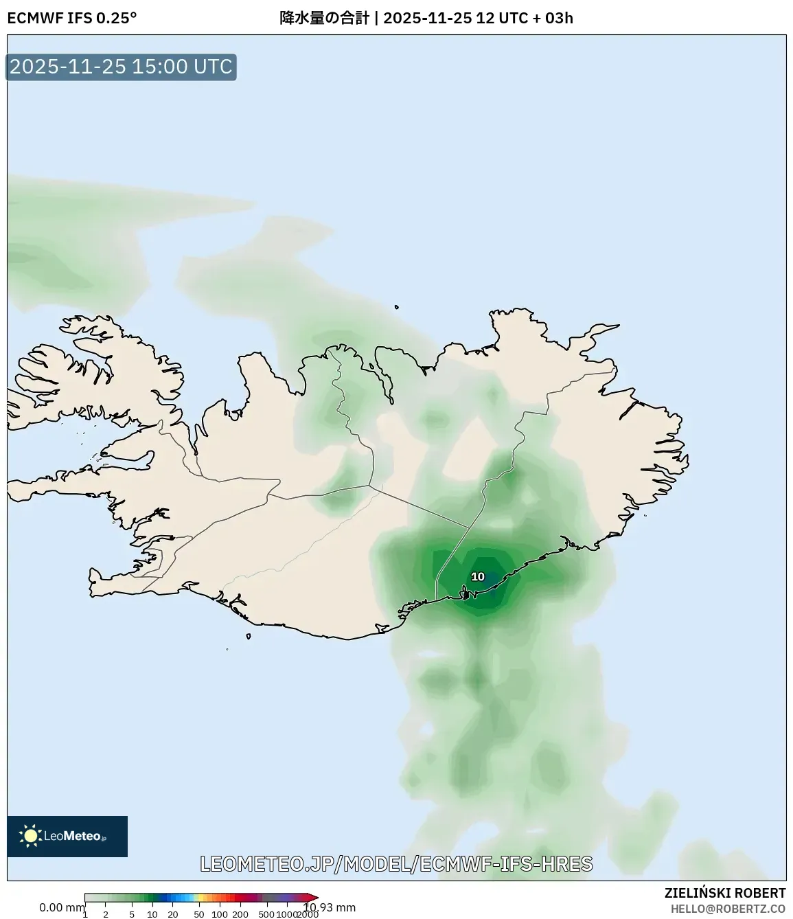 ECMWF IFS 0.25° model - アイスランド, 降水量の合計