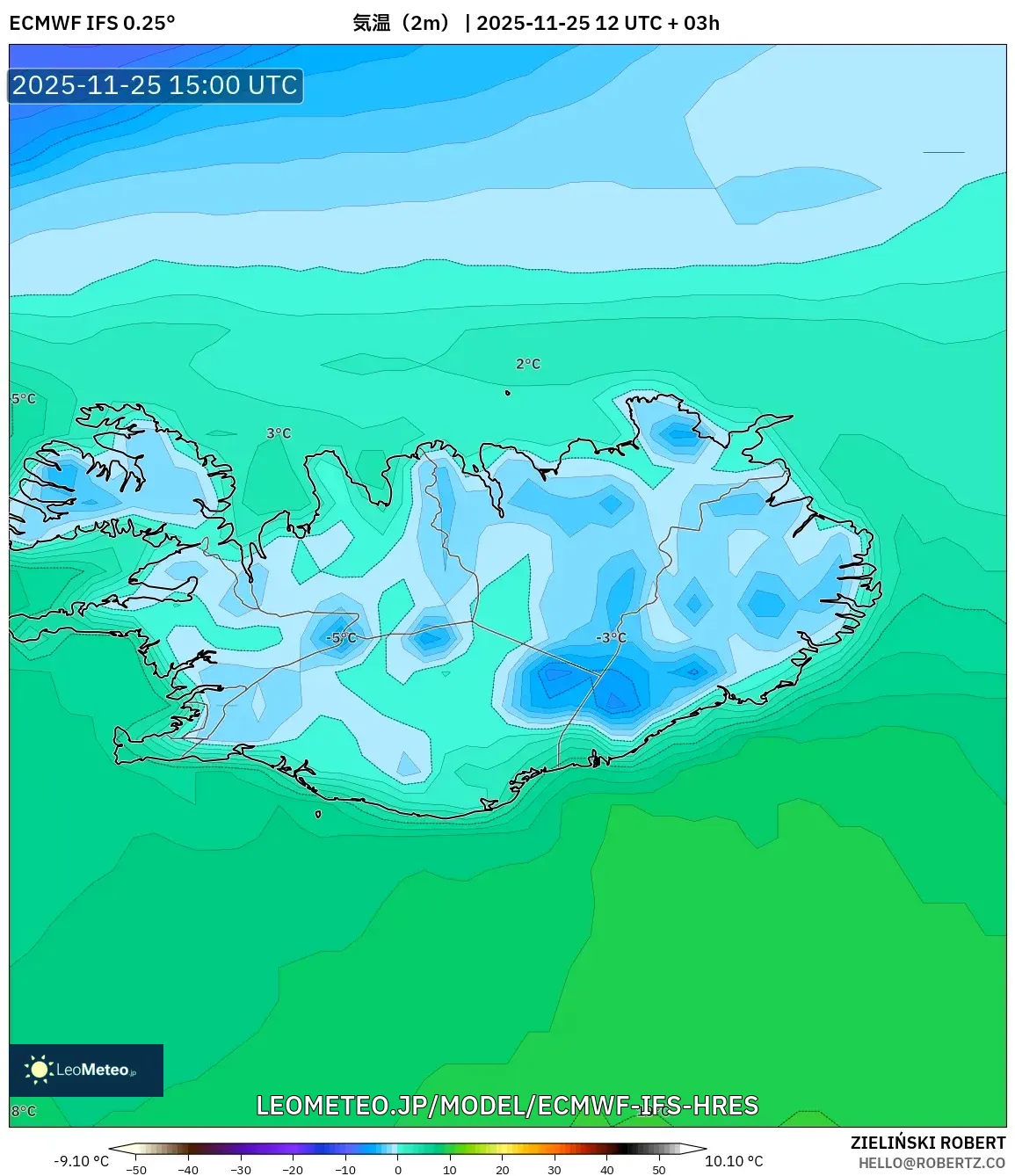 ECMWF IFS 0.25° model - アイスランド, 気温（2m）