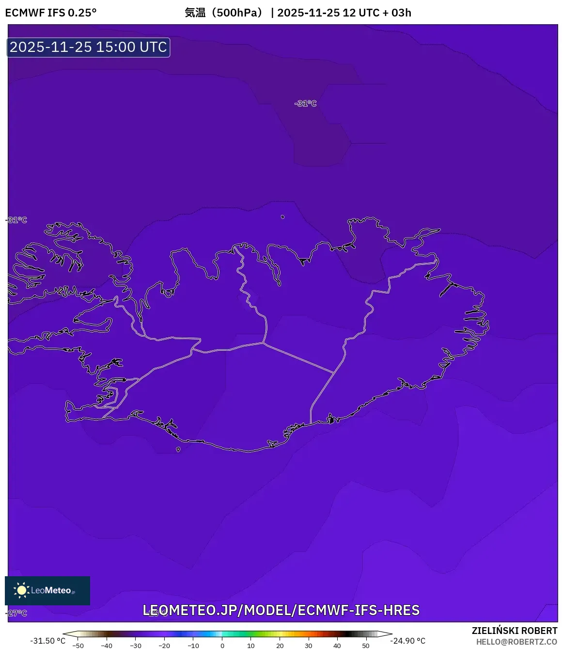 ECMWF IFS 0.25° model - アイスランド, 気温（500hPa）