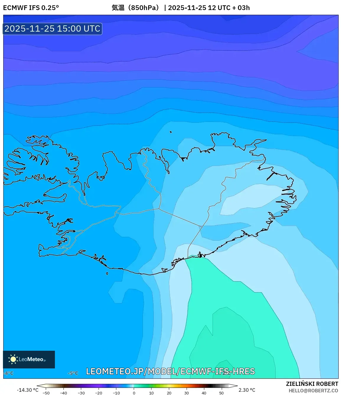 ECMWF IFS 0.25° model - アイスランド, 気温（850hPa）