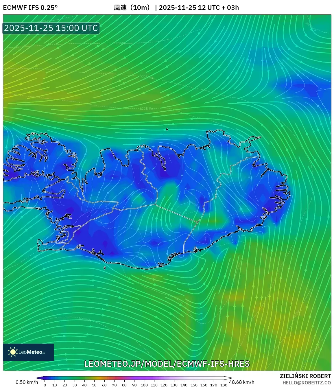 ECMWF IFS 0.25° model - アイスランド, 風速（10m）