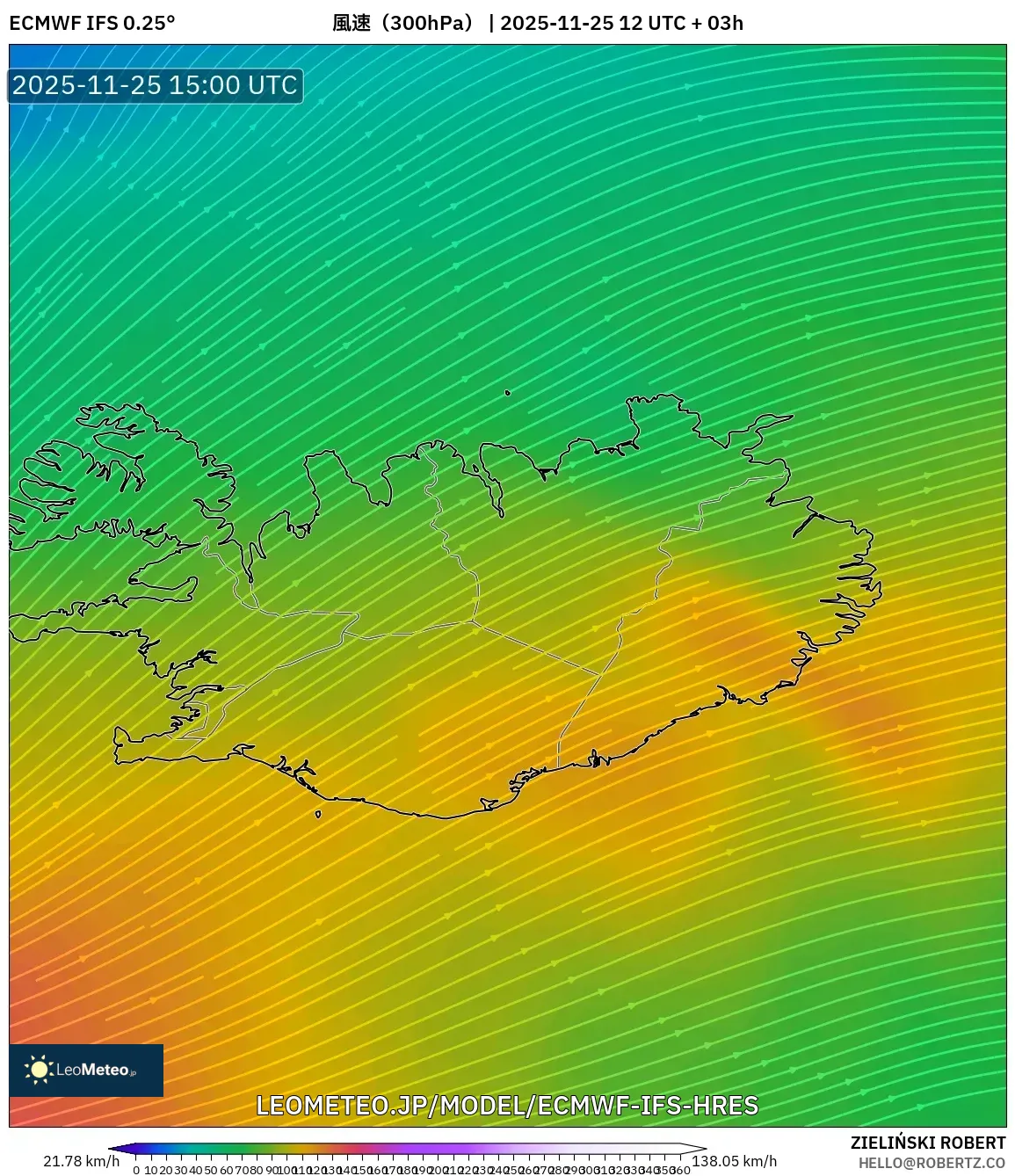 ECMWF IFS 0.25° model - アイスランド, 風速（300hPa）