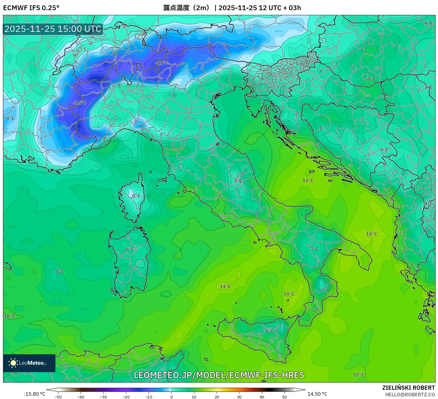 ECMWF IFS 0.25° model - イタリア, 露点温度（2m）